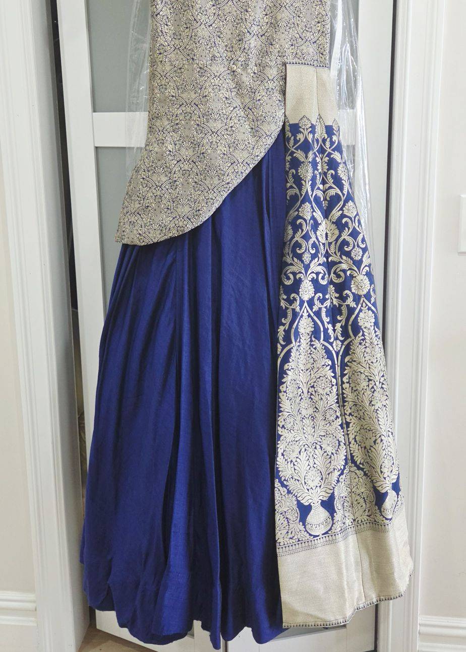 Royal Blue Banarasi Jacket Gown Image - 4