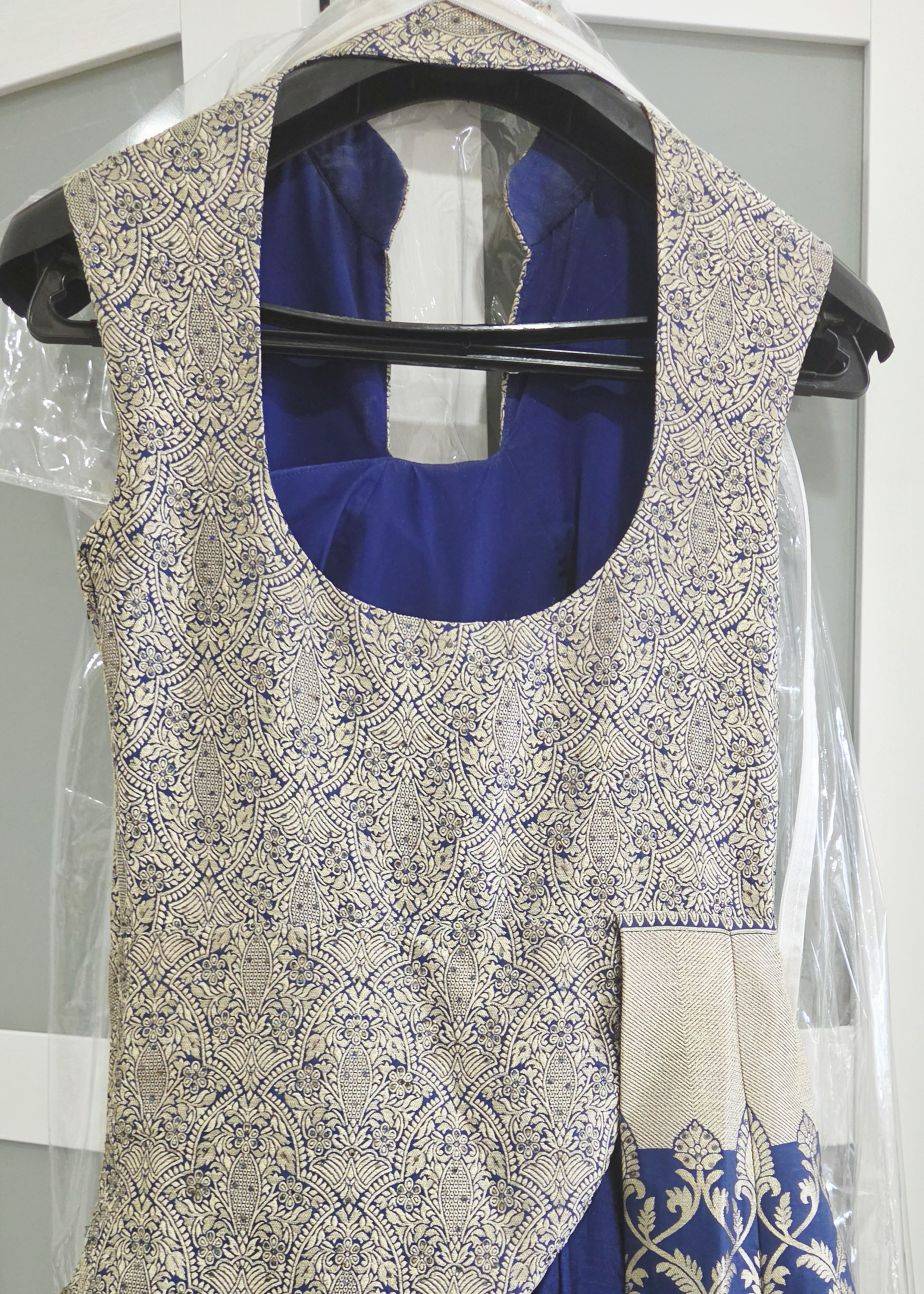Royal Blue Banarasi Jacket Gown Image - 3