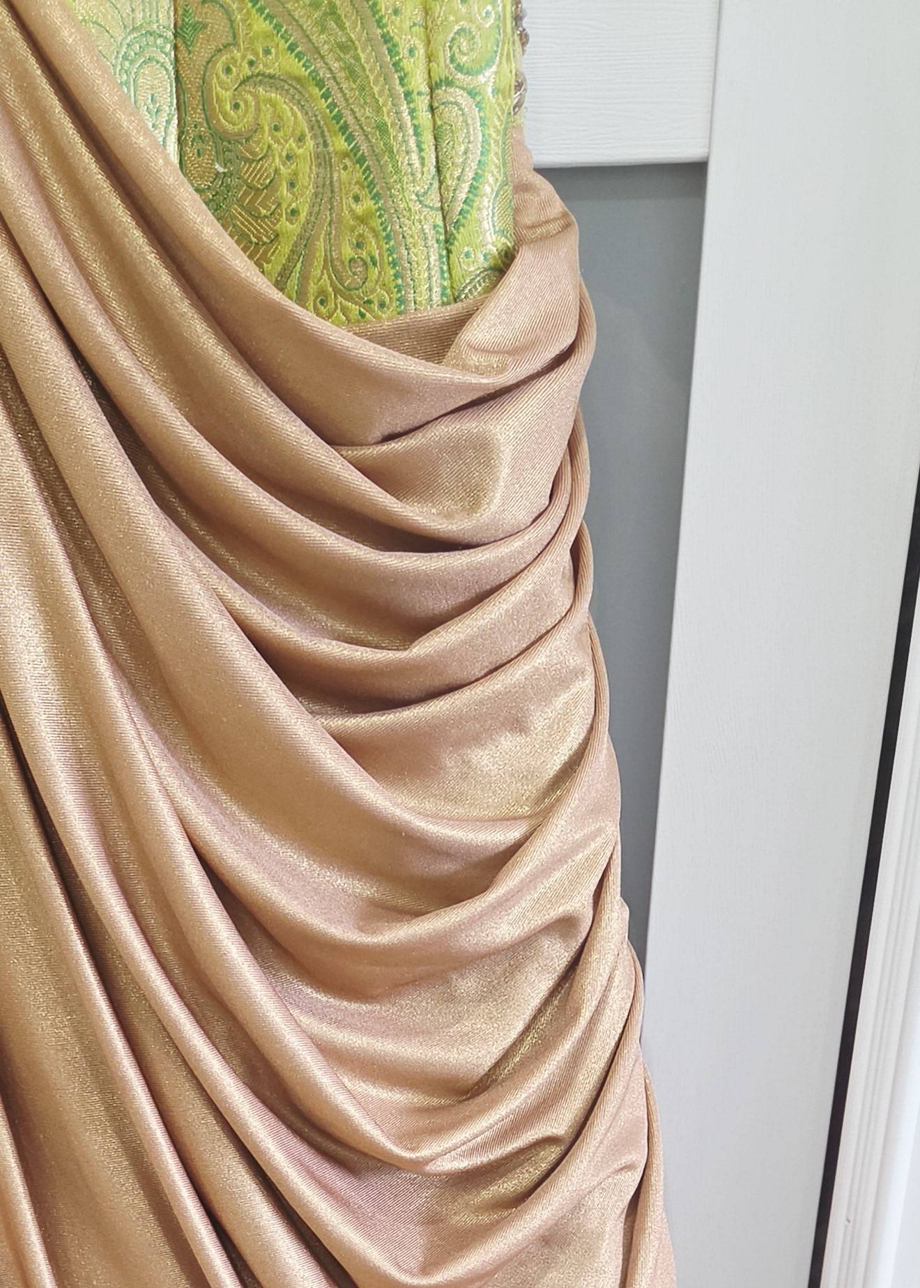 Green Brocade Draped Gown Image - 4