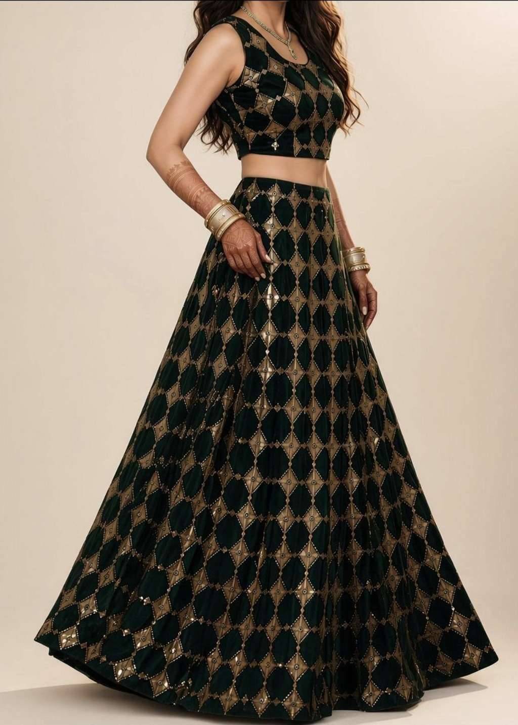 Bottle Green Velvet Lehenga Image - 0