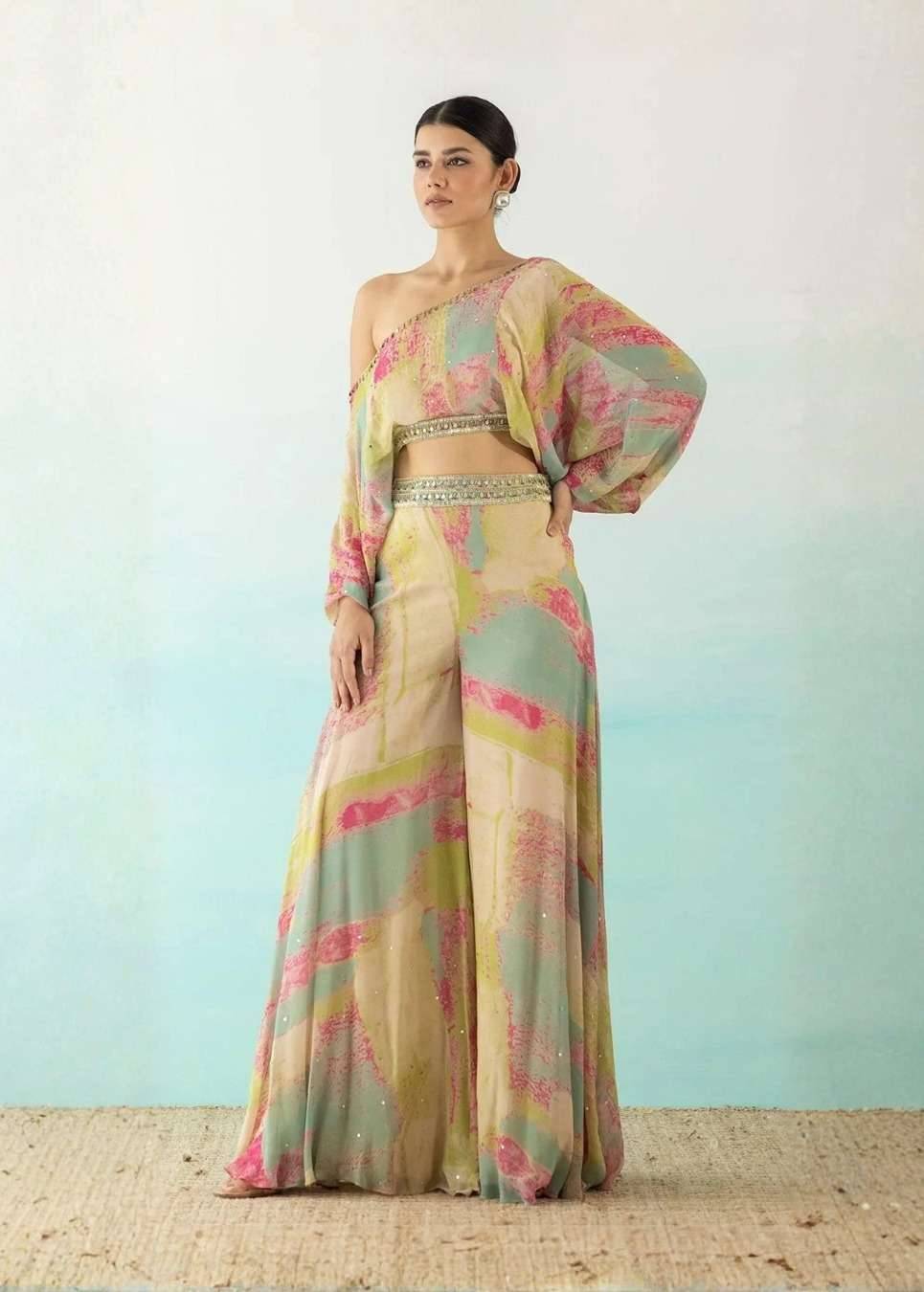 Pastel Print One-Shoulder Co-Ord Set Image - 0