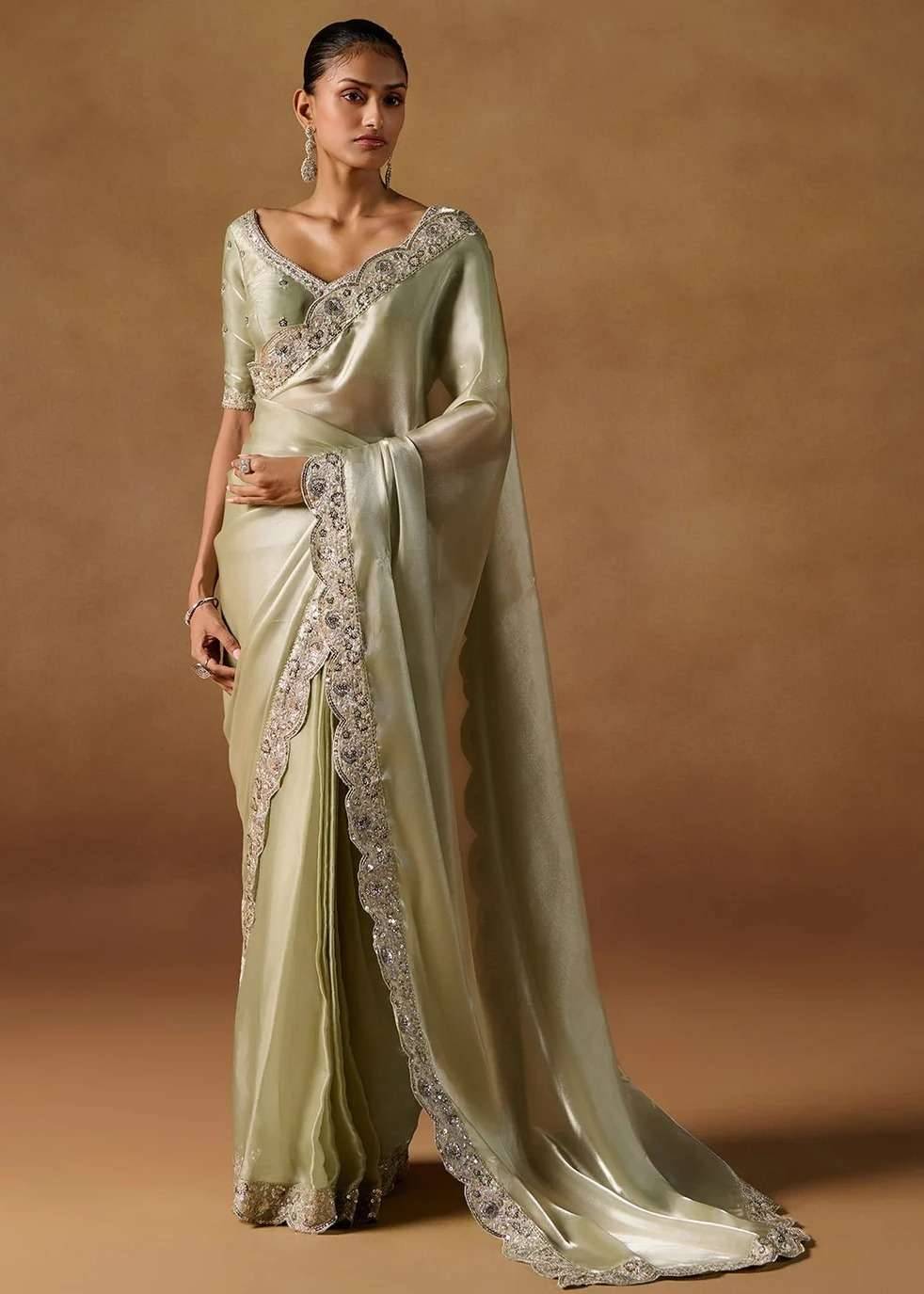Mint Pre-Draped Tissue Sari Image - 0
