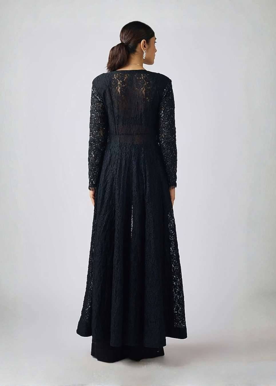 Black Lace Jacket Sharara Set Image - 1