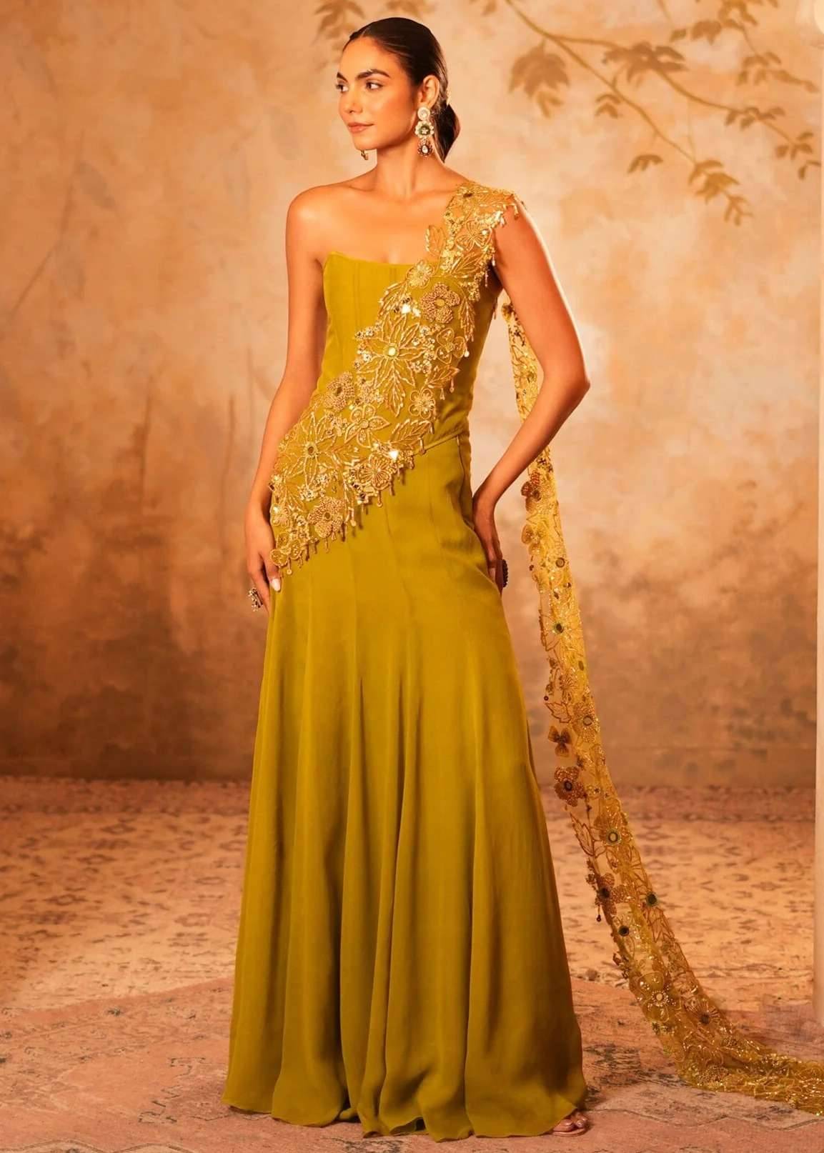 Olive Green Pre-Draped Corset Sari Image - 0