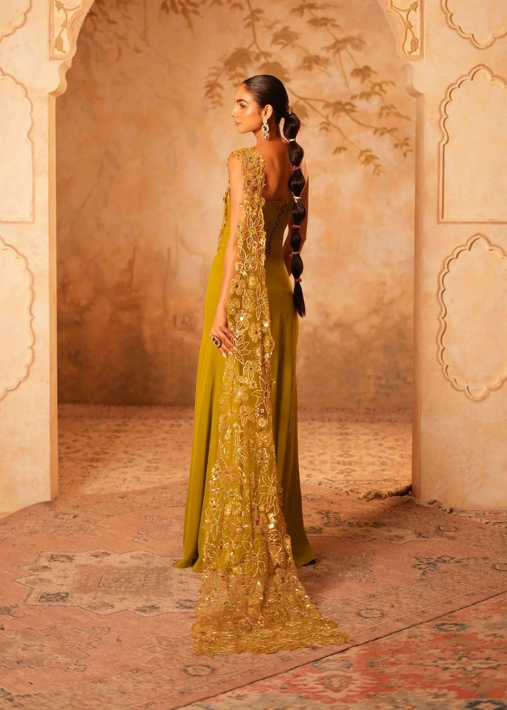 Olive Green Pre-Draped Corset Sari Image - 2
