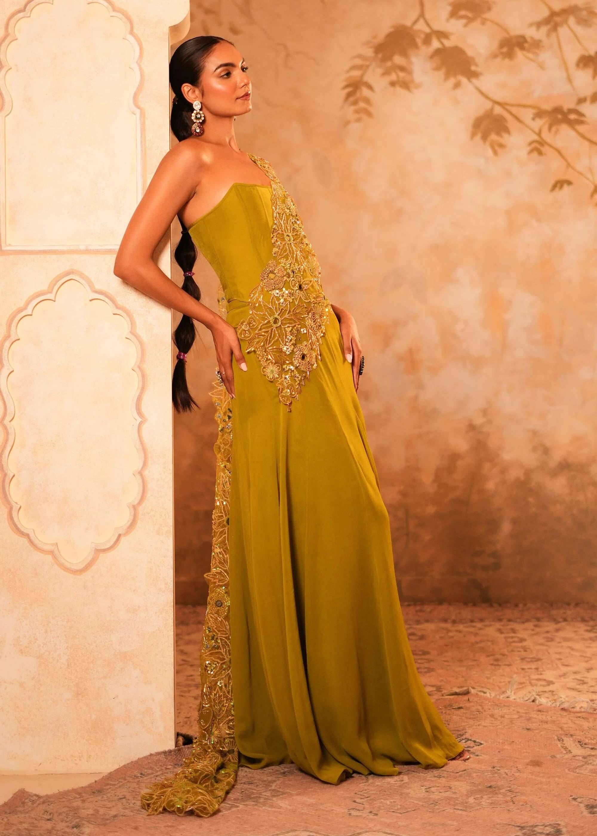 Olive Green Pre-Draped Corset Sari Image - 4