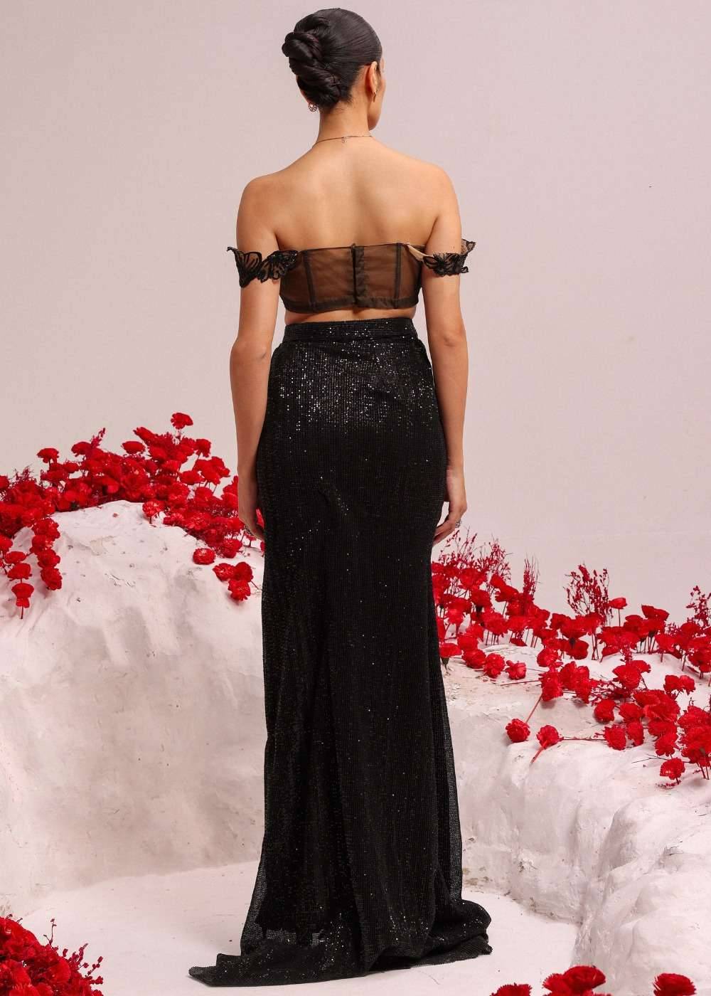 Black Sequin Slit Skirt Set Image - 2