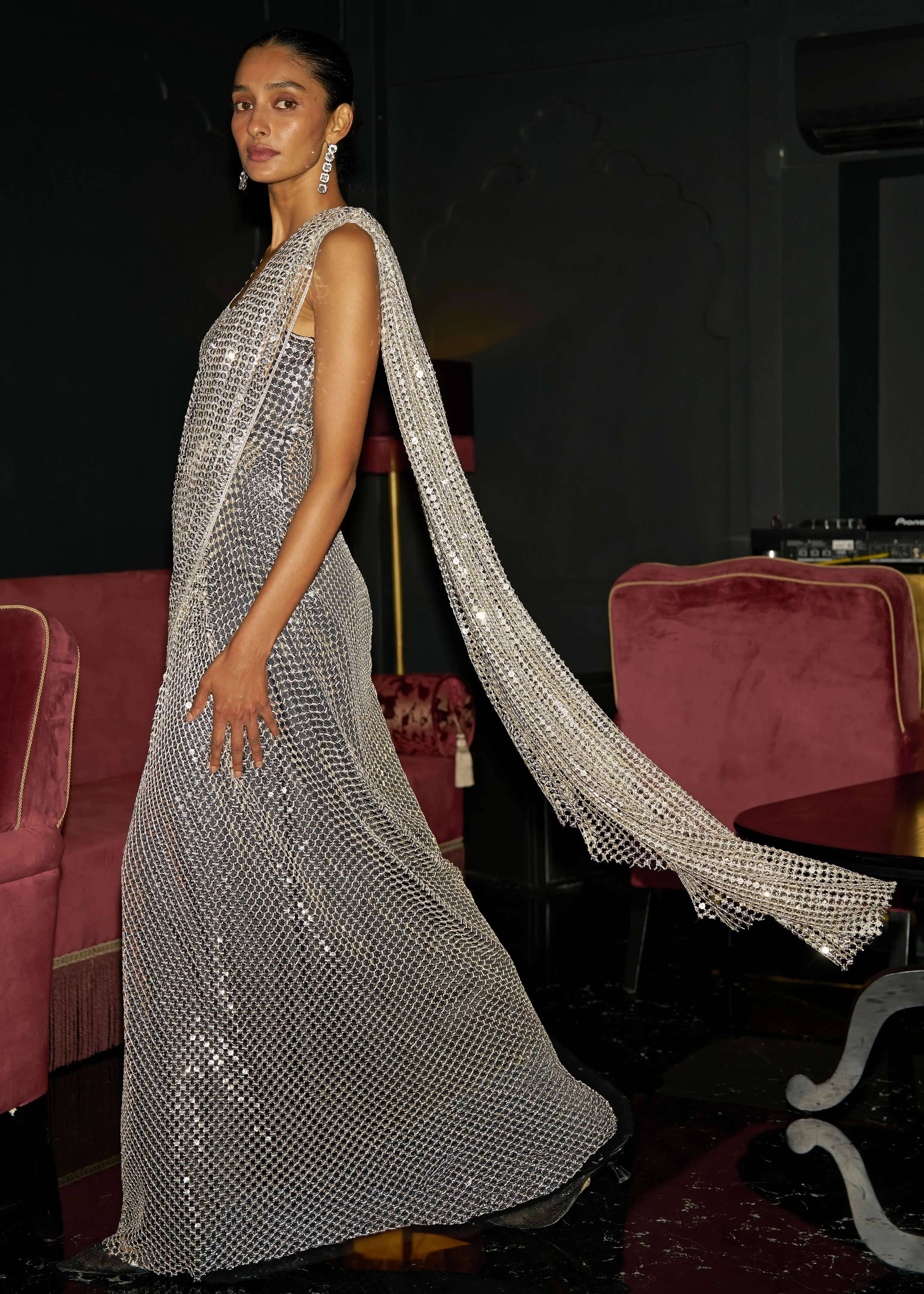 Silver Sequin Draped Sari Gown Image - 5