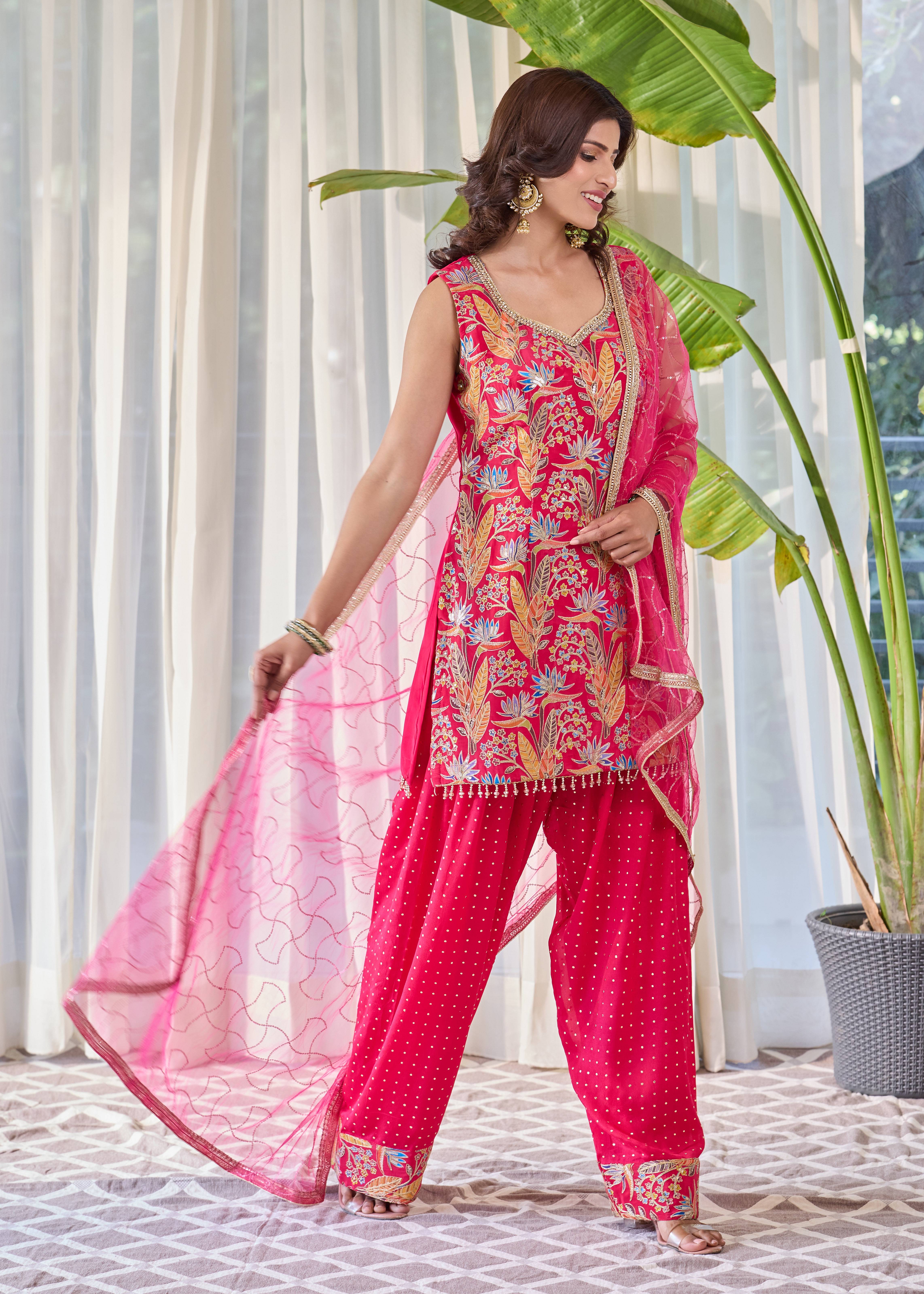 Rani Pink Embroidered Kurta Set Image - 3