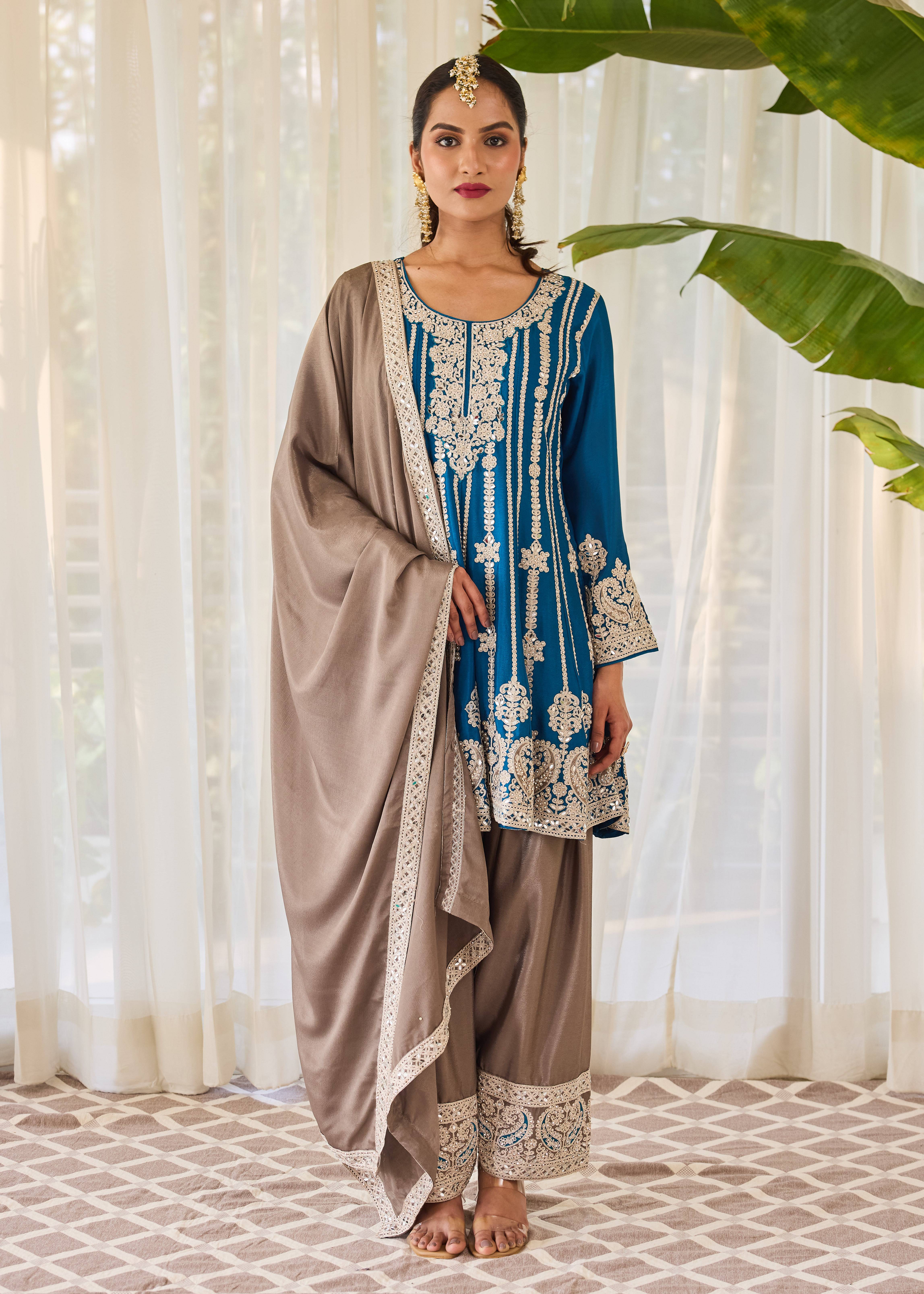 Blue Silver Embroidered Kurta Set Image - 0