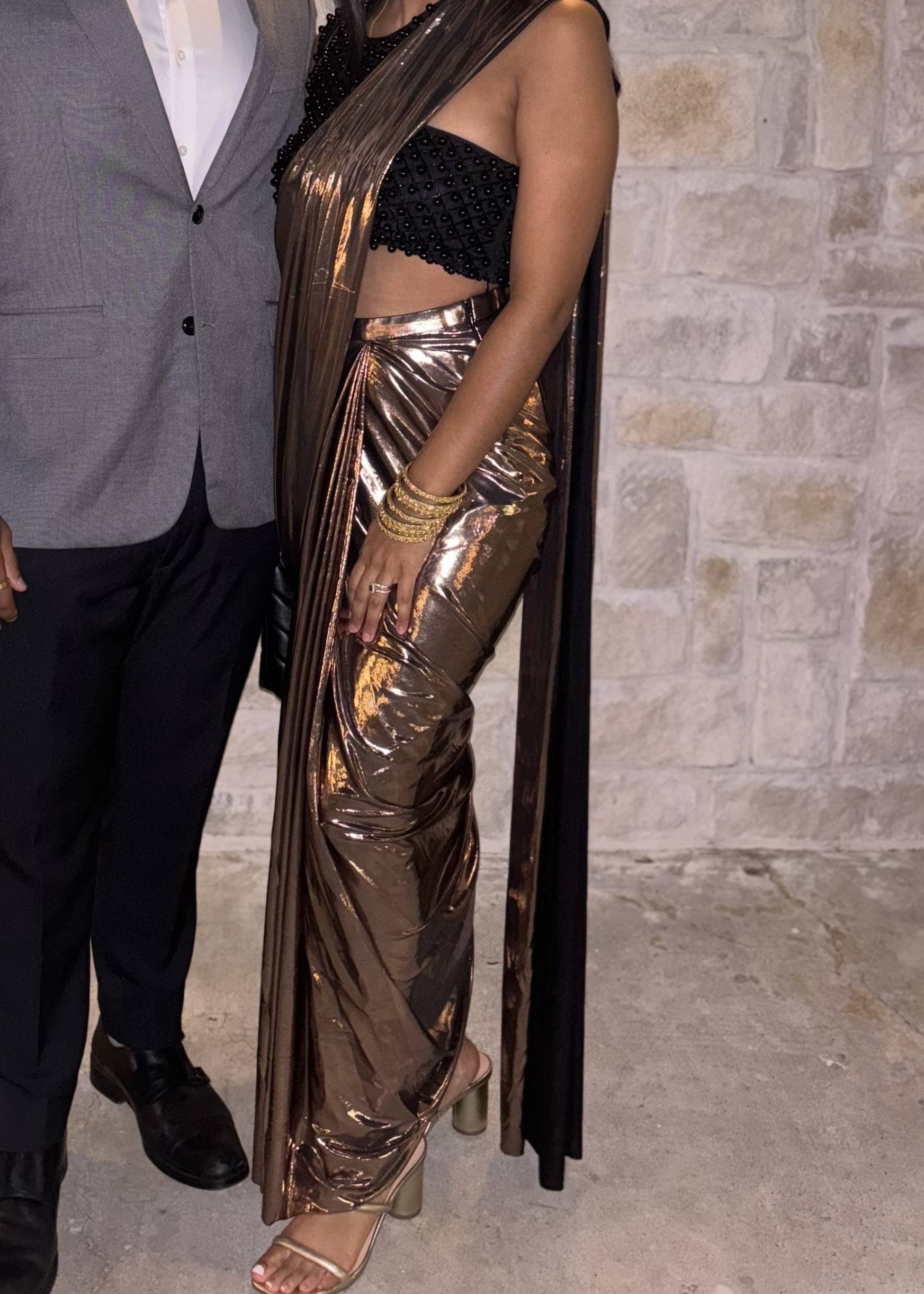 Rose Gold Metallic Pre-Draped Sari Image - 3