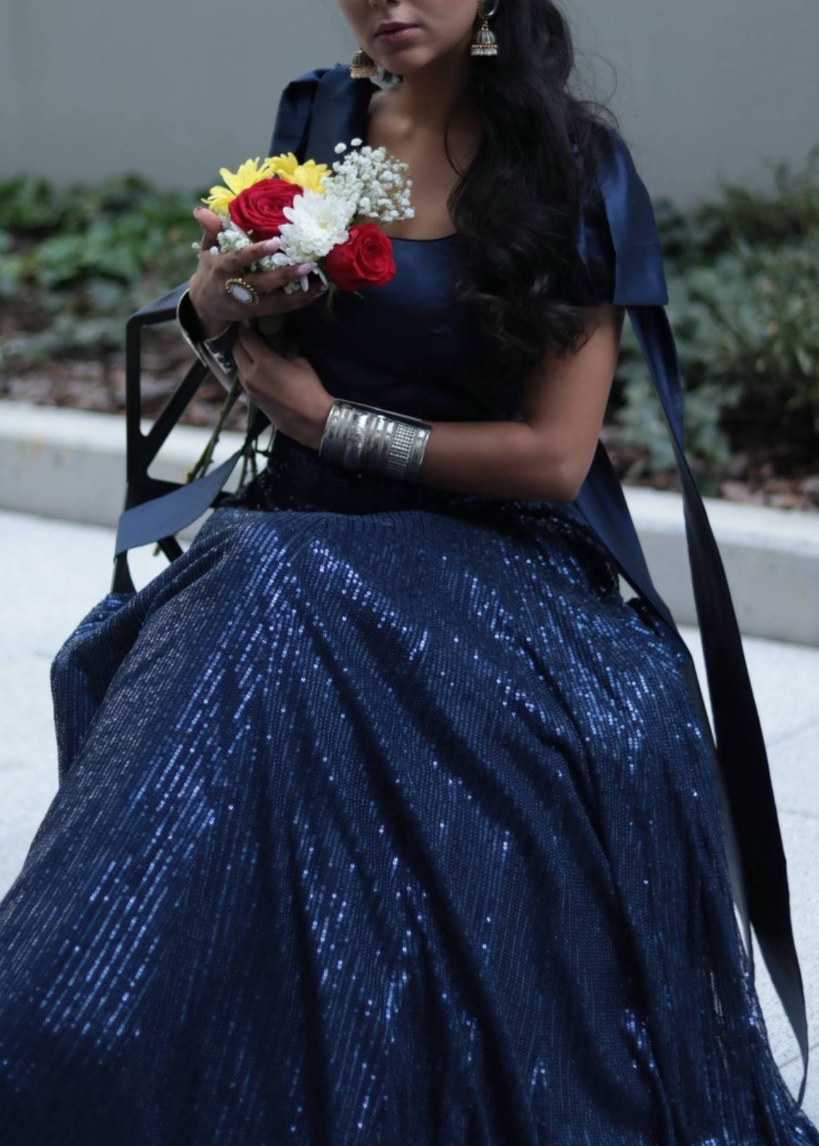 Navy Blue Sequin Lehenga Image - 1