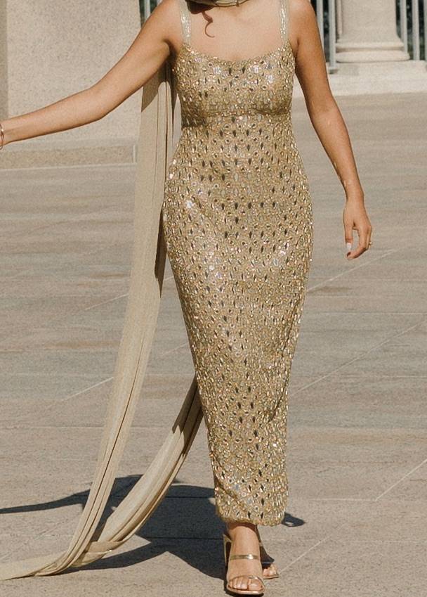 Beige Gold Mirrorwork Gown Image - 2