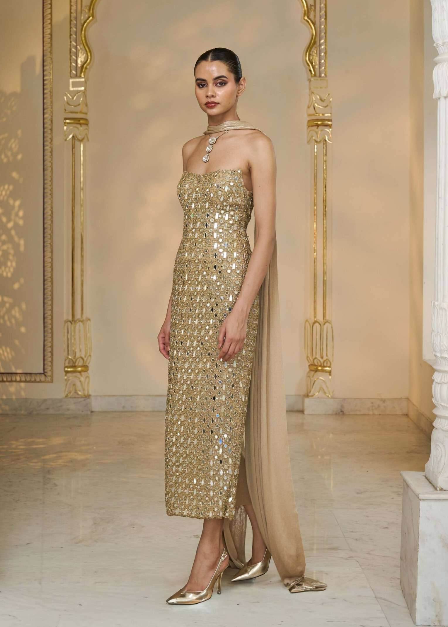 Beige Gold Mirrorwork Gown Image - 0