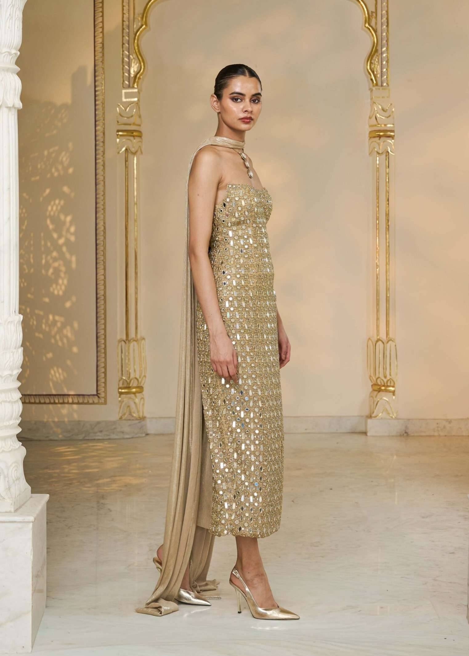 Beige Gold Mirrorwork Gown Image - 1