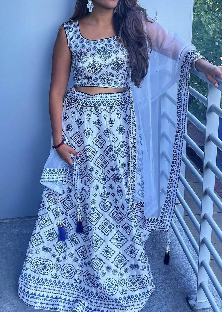 White Geomtric Printed Lehenga Image - 0
