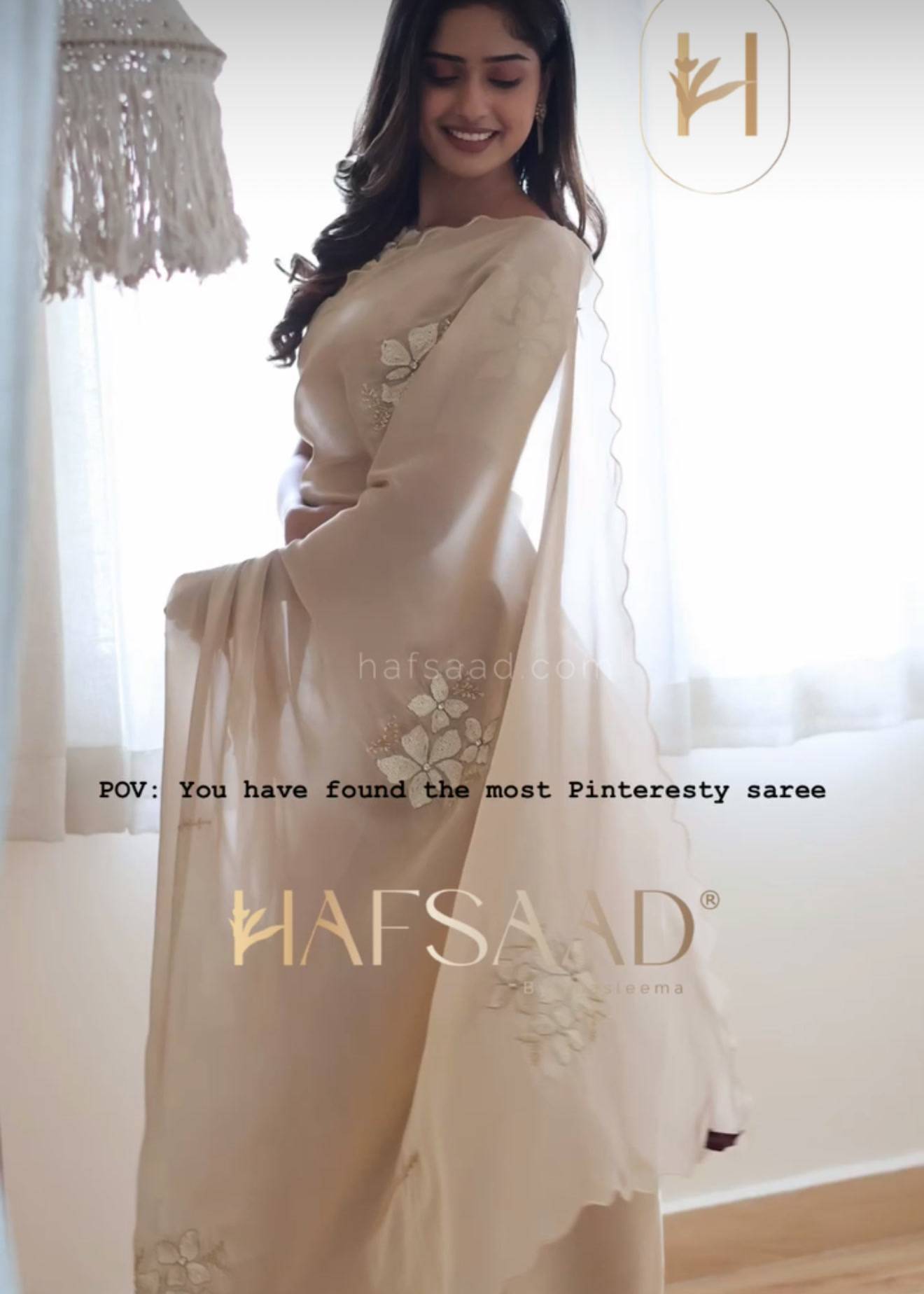 Champagne Organza Floral Appliqué Sari Image - 3