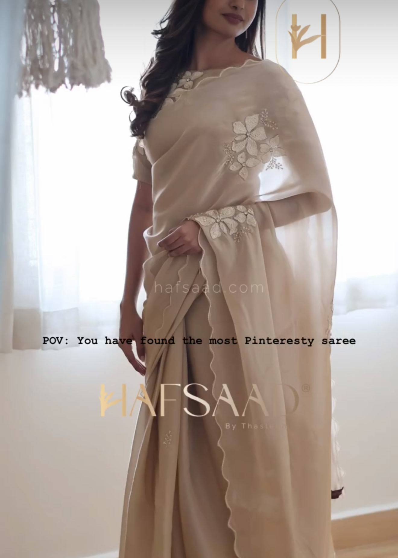 Champagne Organza Floral Appliqué Sari Image - 4