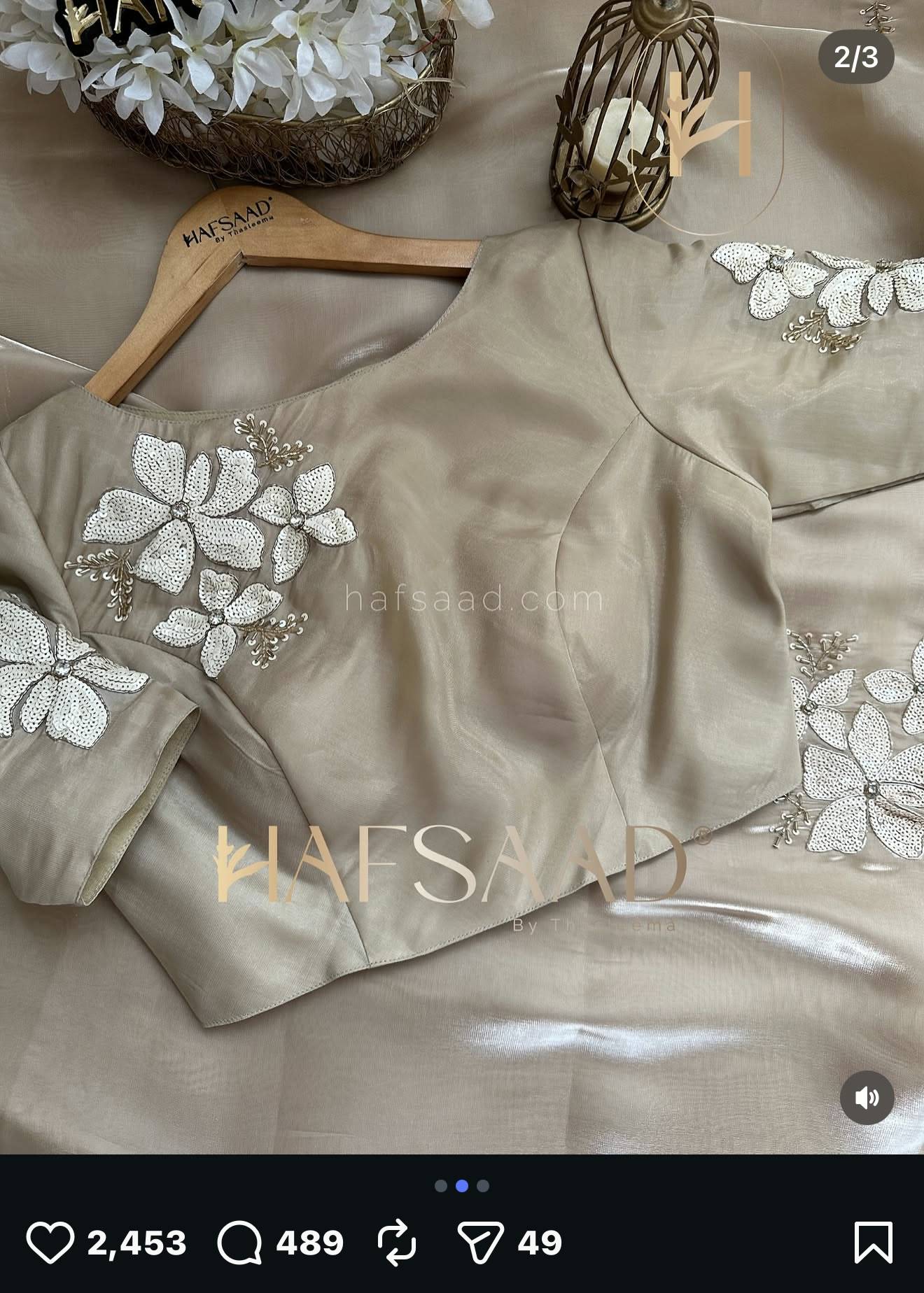 Champagne Organza Floral Appliqué Sari Image - 6