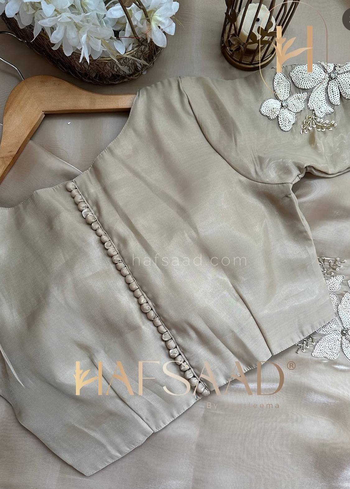 Champagne Organza Floral Appliqué Sari Image - 5