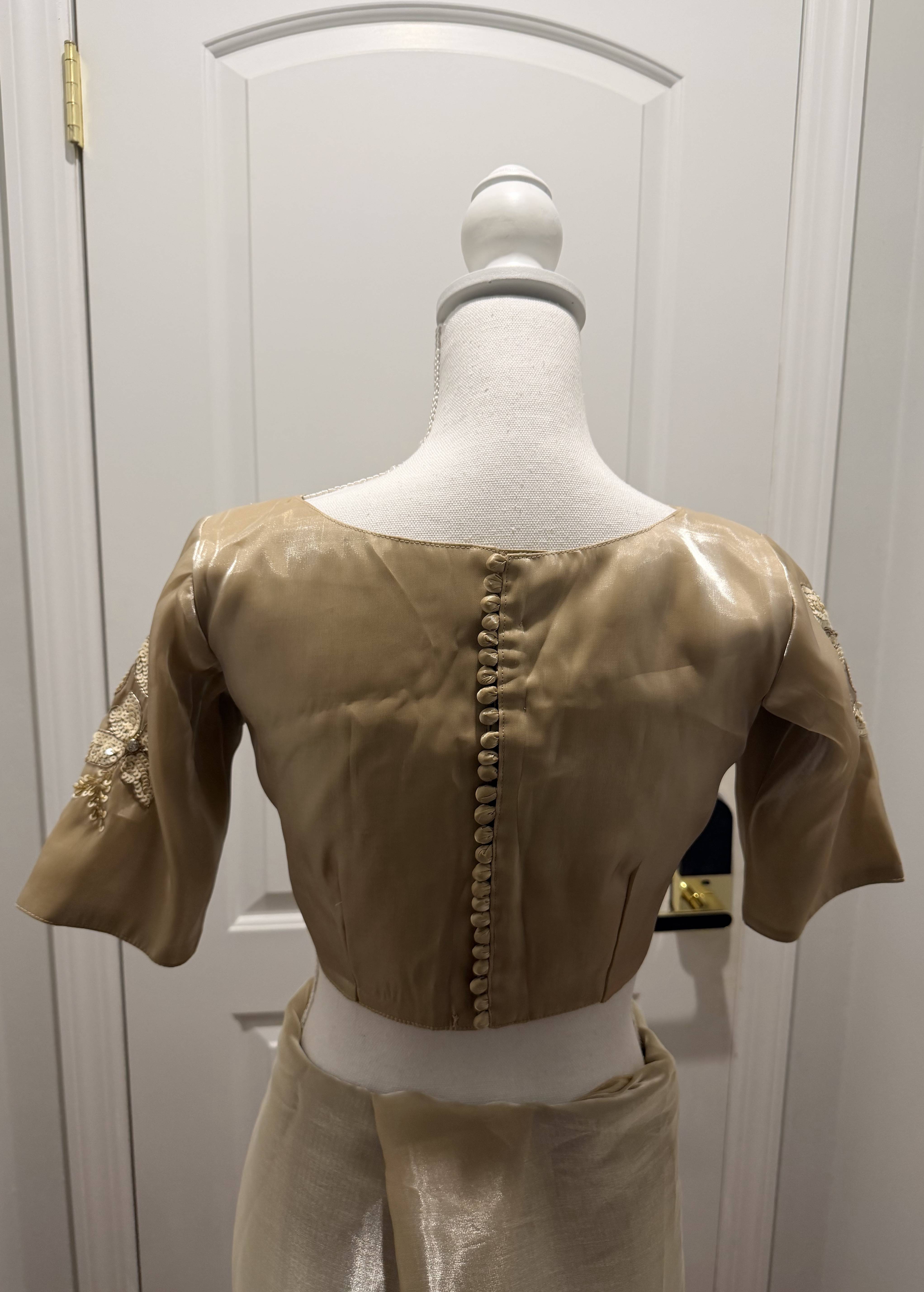 Champagne Organza Floral Appliqué Sari Image - 1