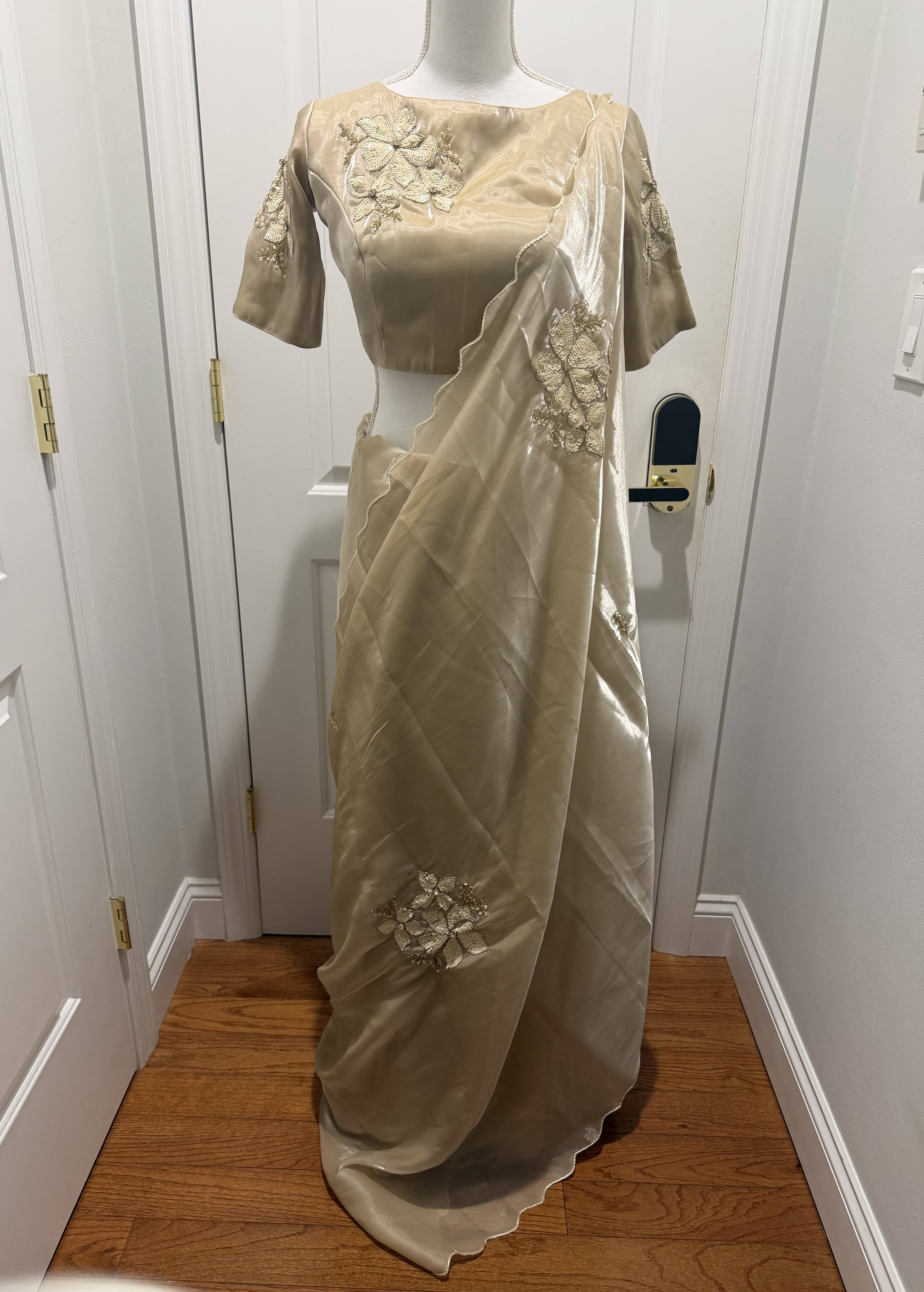 Champagne Organza Floral Appliqué Sari Image - 0