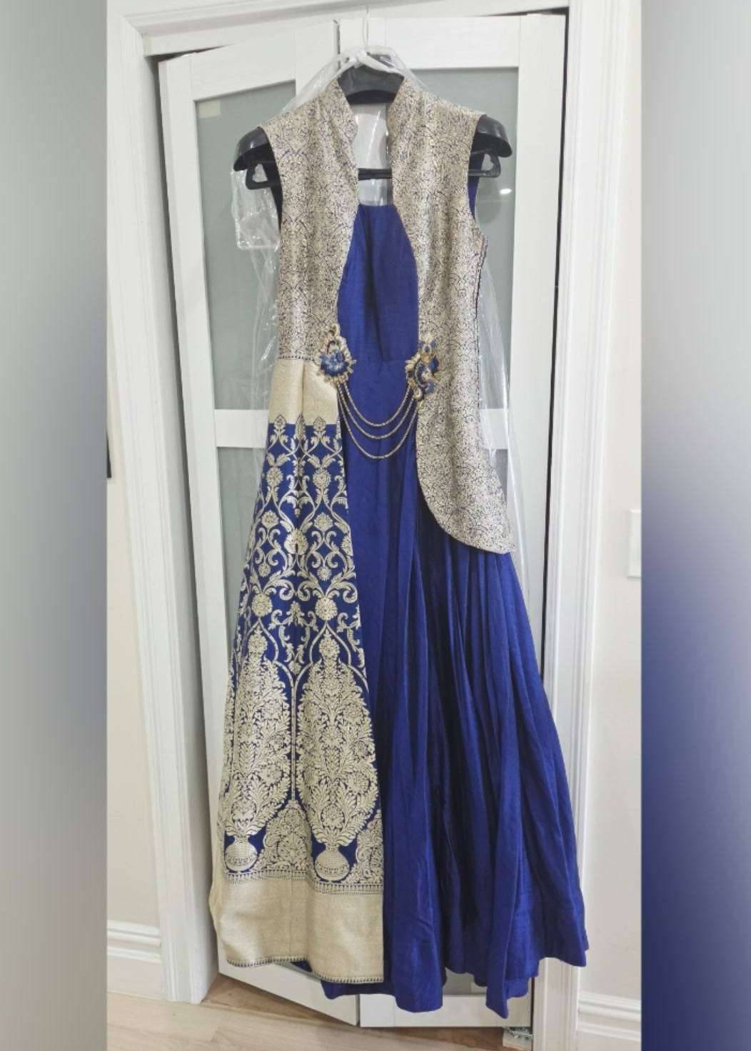 Royal Blue Banarasi Jacket Gown Image - 0