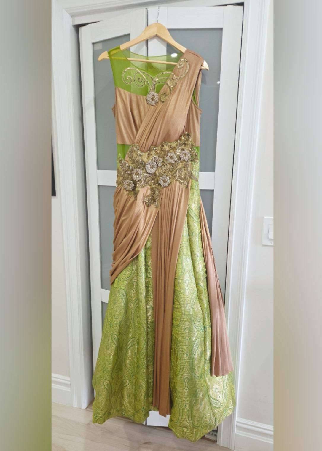 Green Brocade Draped Gown Image - 0