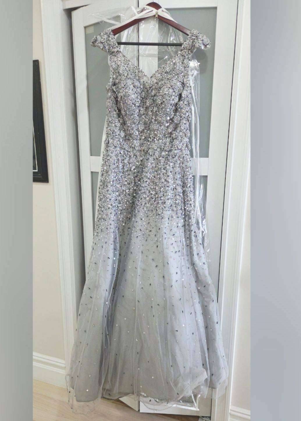 Silver Beaded Tulle Evening Gown Image - 0