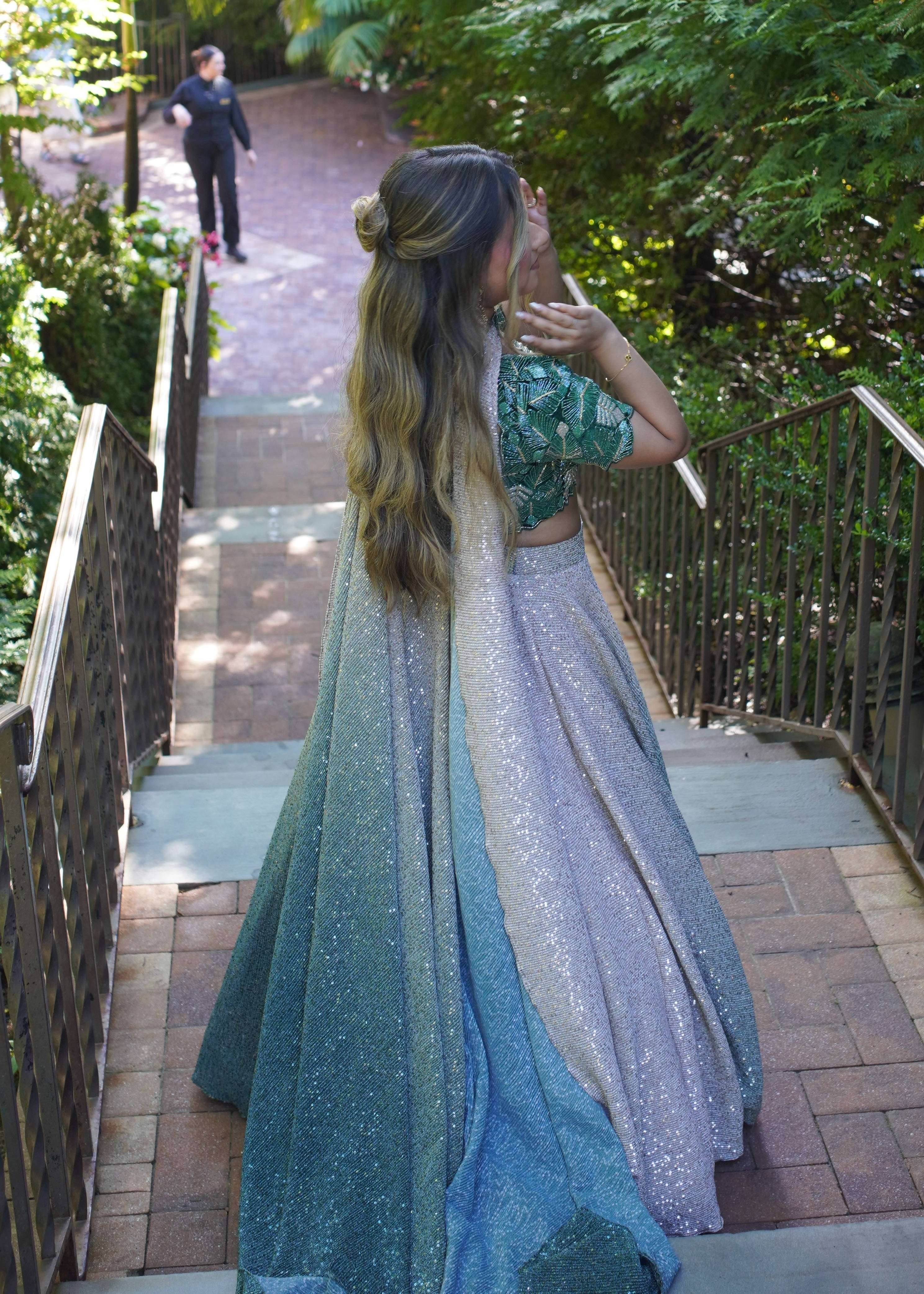 Green Ombre Shimmer Lehenga Image - 2