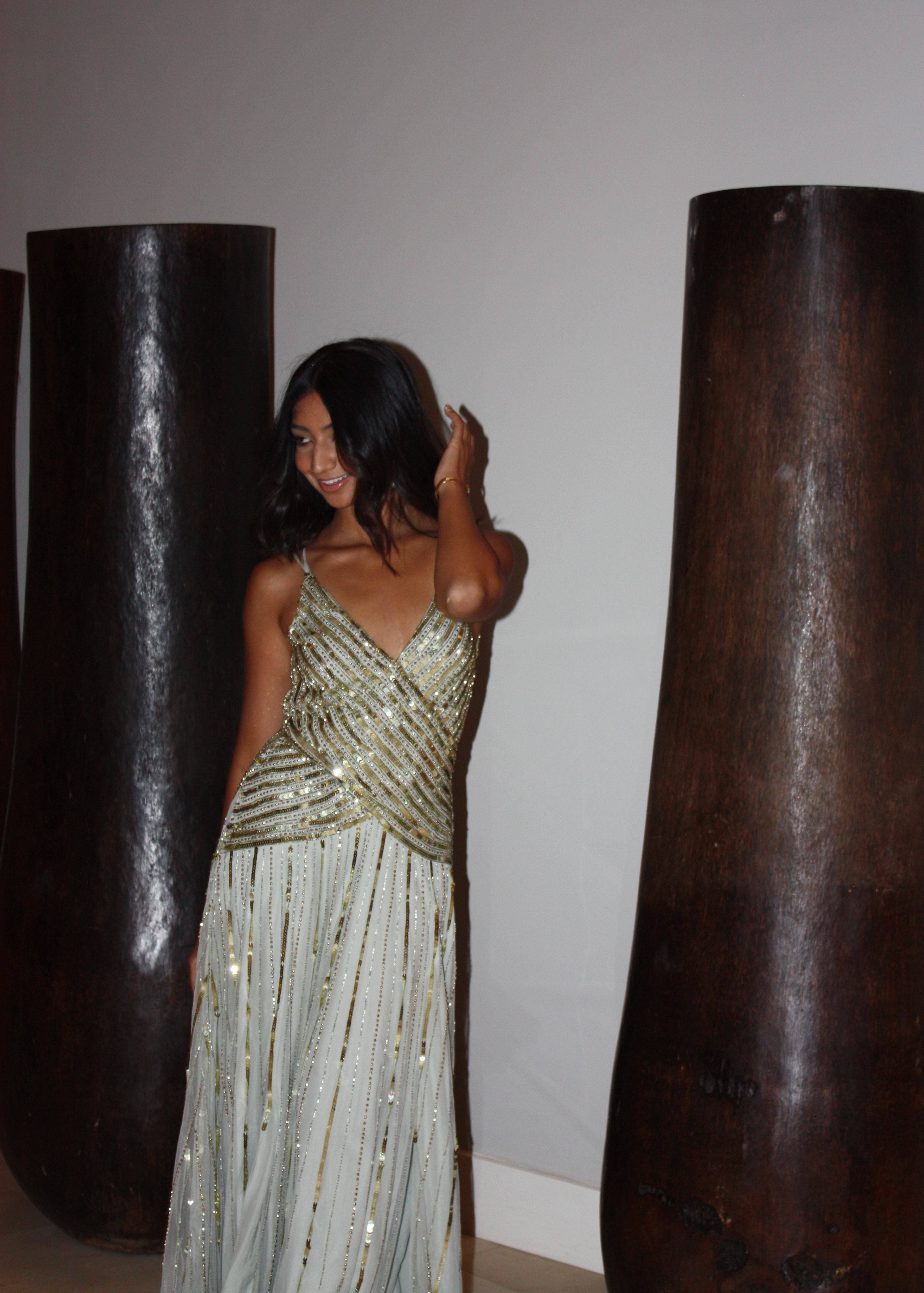 Sage Gold Beaded Drop-Waist Gown Image - 4
