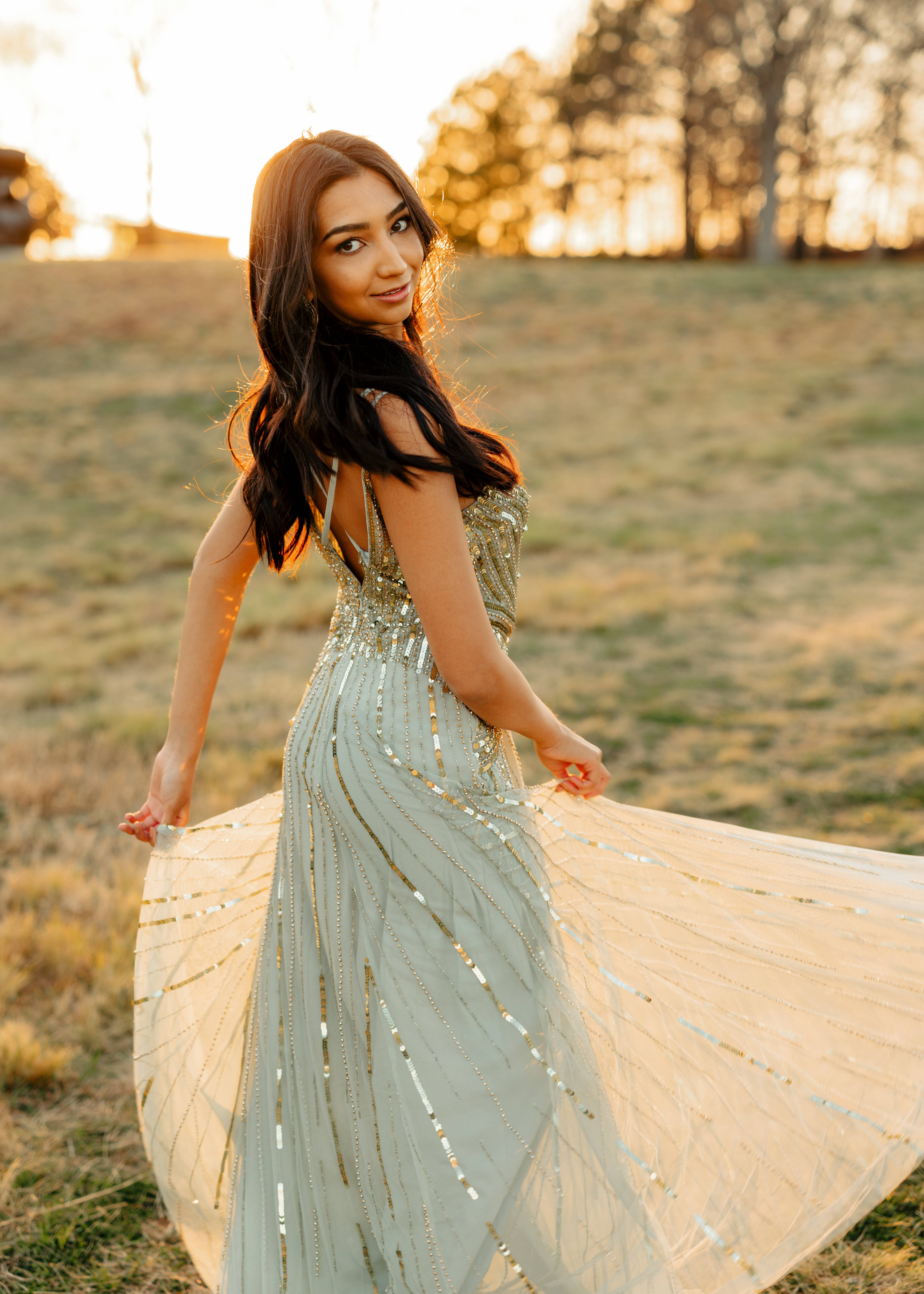 Sage Gold Beaded Drop-Waist Gown Image - 1