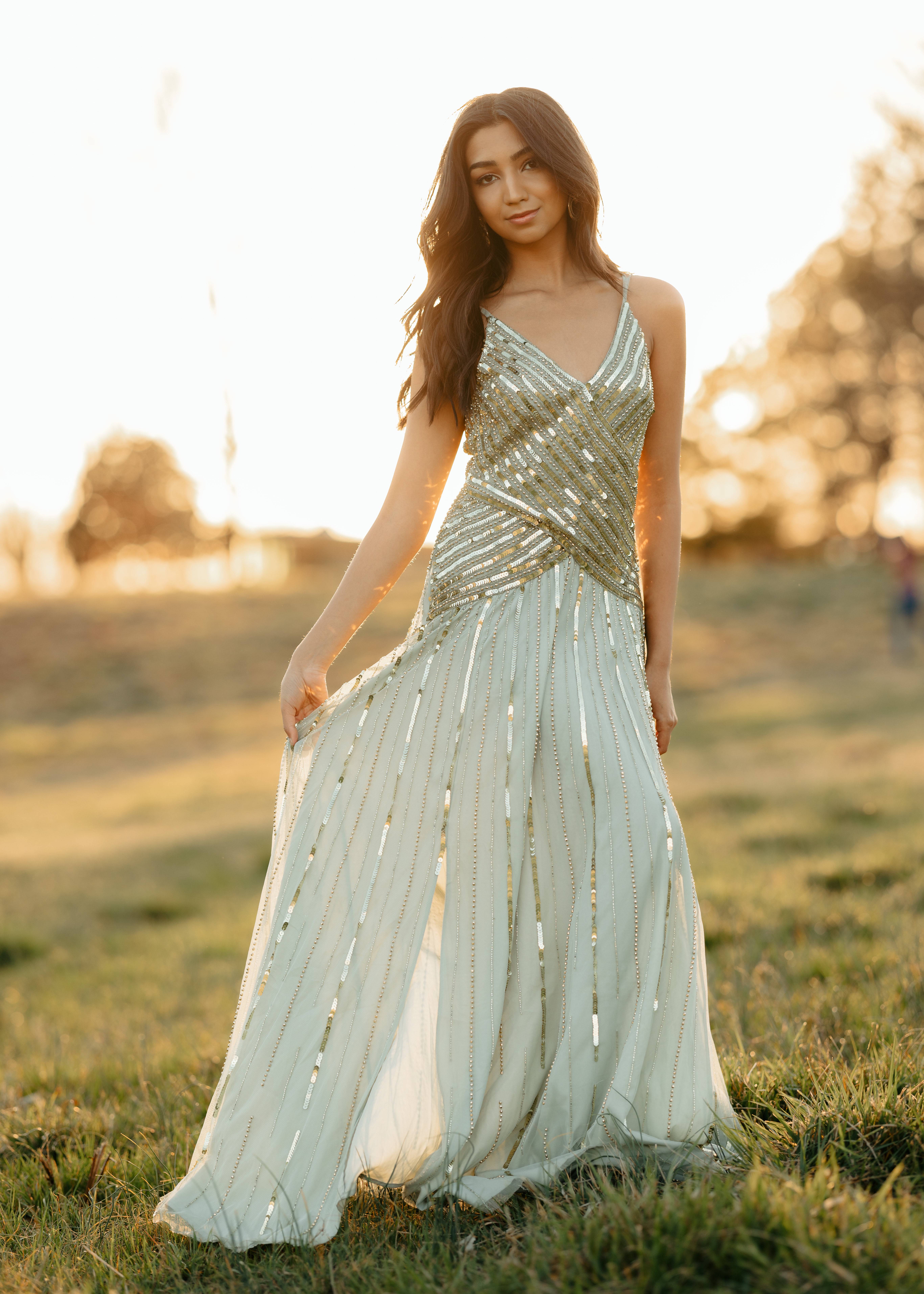 Sage Gold Beaded Drop-Waist Gown Image - 0
