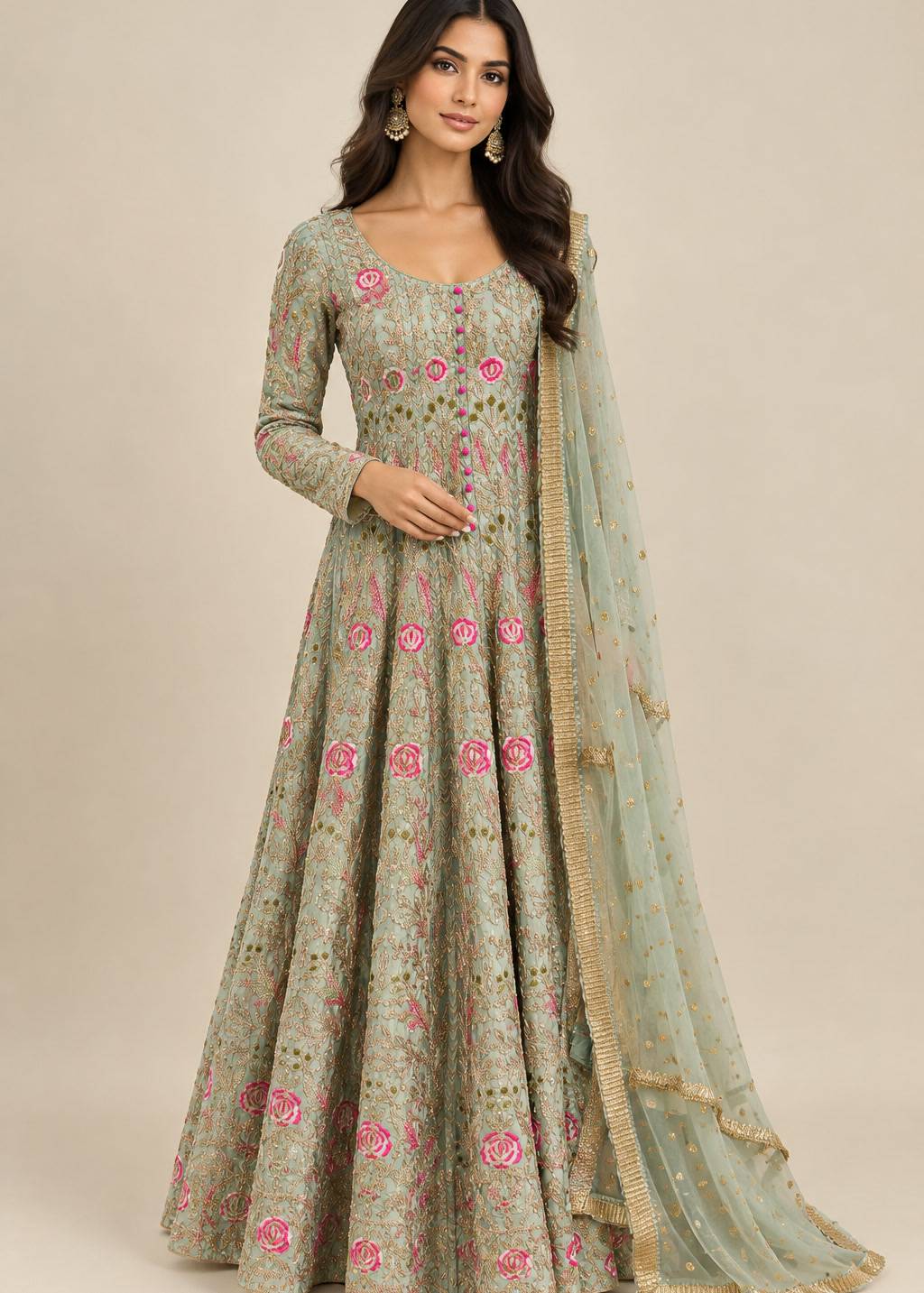 Sage Green Floral Anarkali Image - 0