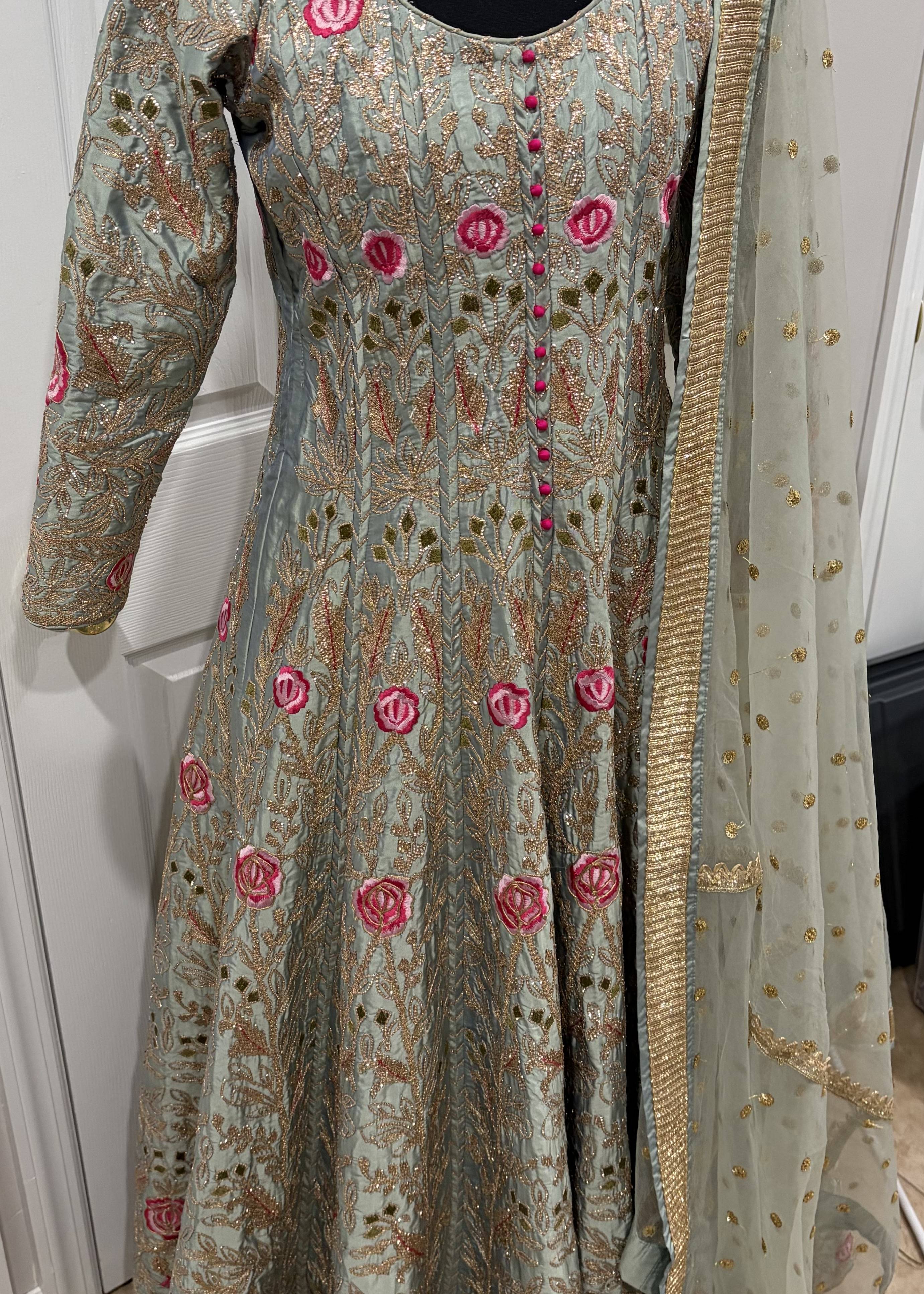 Sage Green Floral Anarkali Image - 1