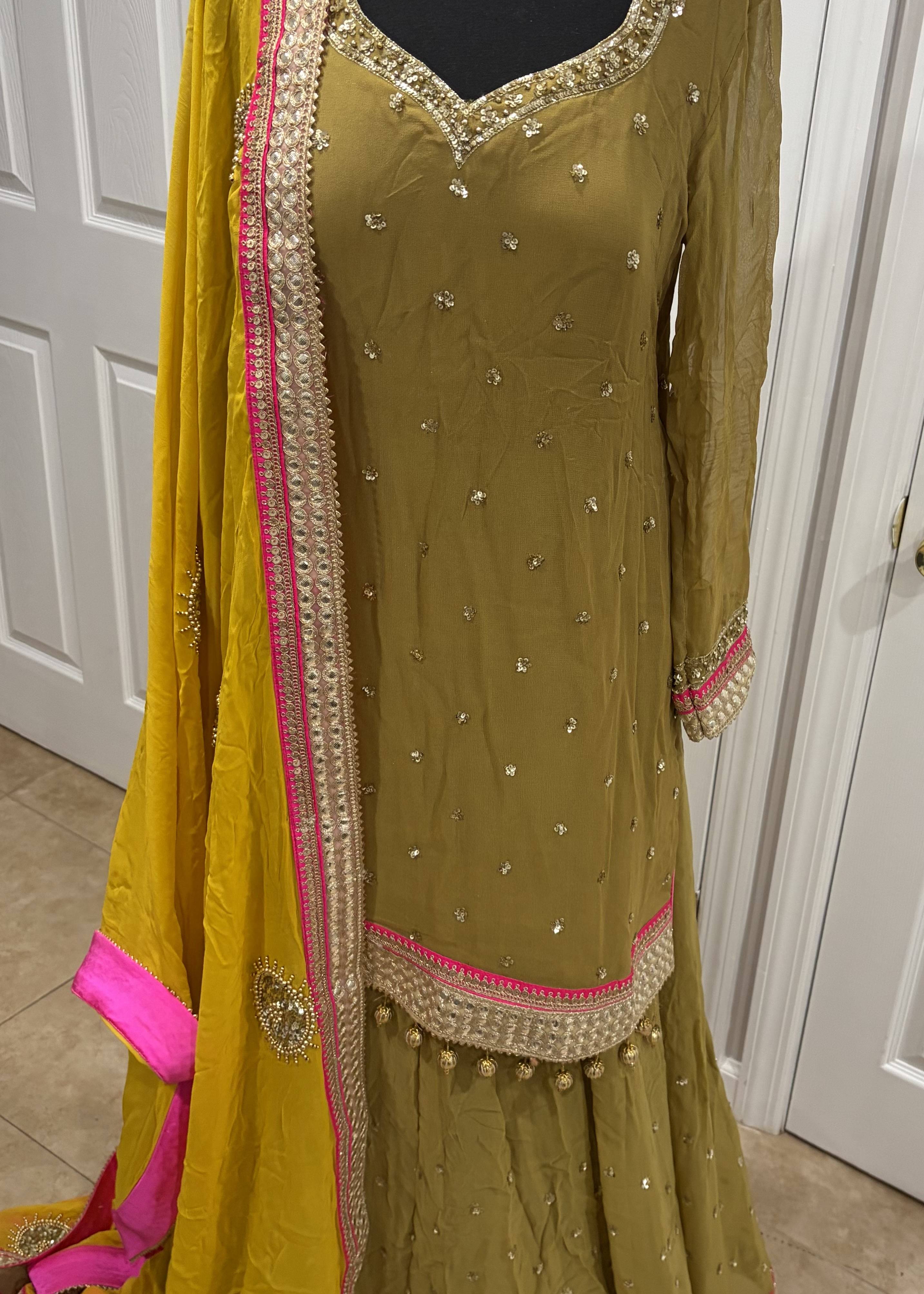 Olive Green Sequin Sharara Set Image - 1