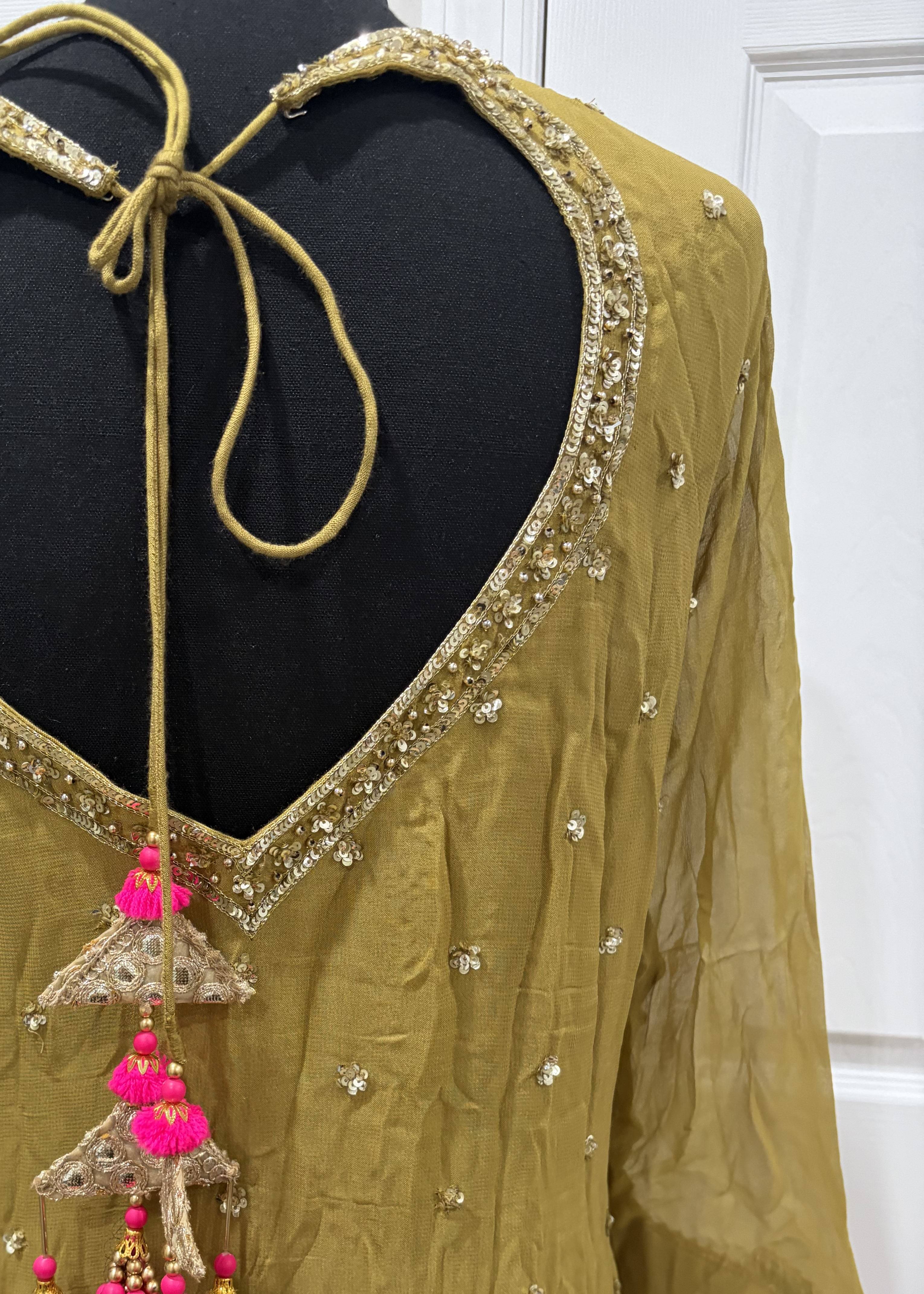 Olive Green Sequin Sharara Set Image - 2