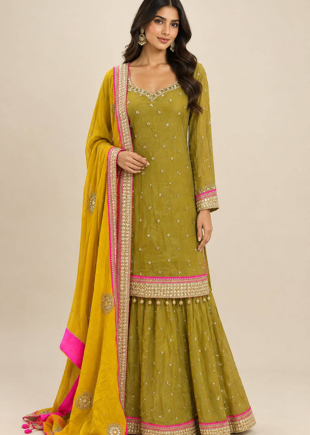 Olive Green Sequin Sharara Set Image - 0
