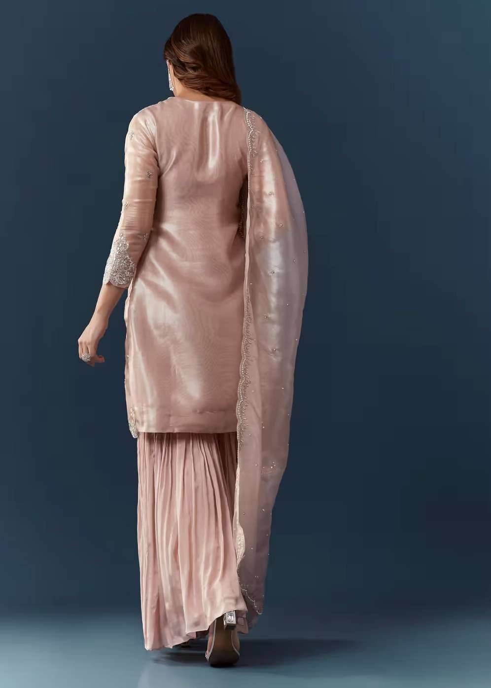 Peach Silver Work Tissue Kurta Sharara Set Image - 2