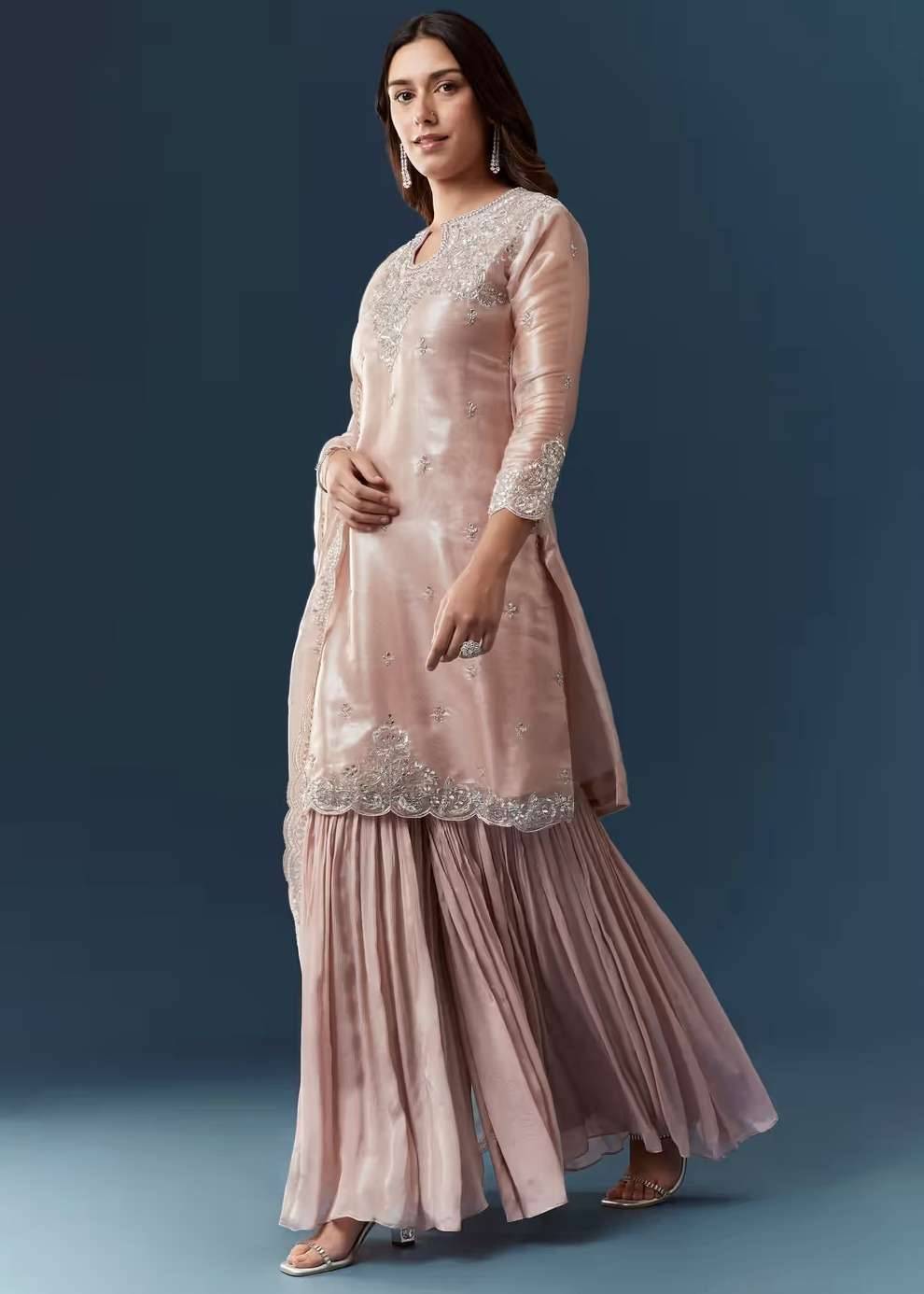 Peach Silver Work Tissue Kurta Sharara Set Image - 5