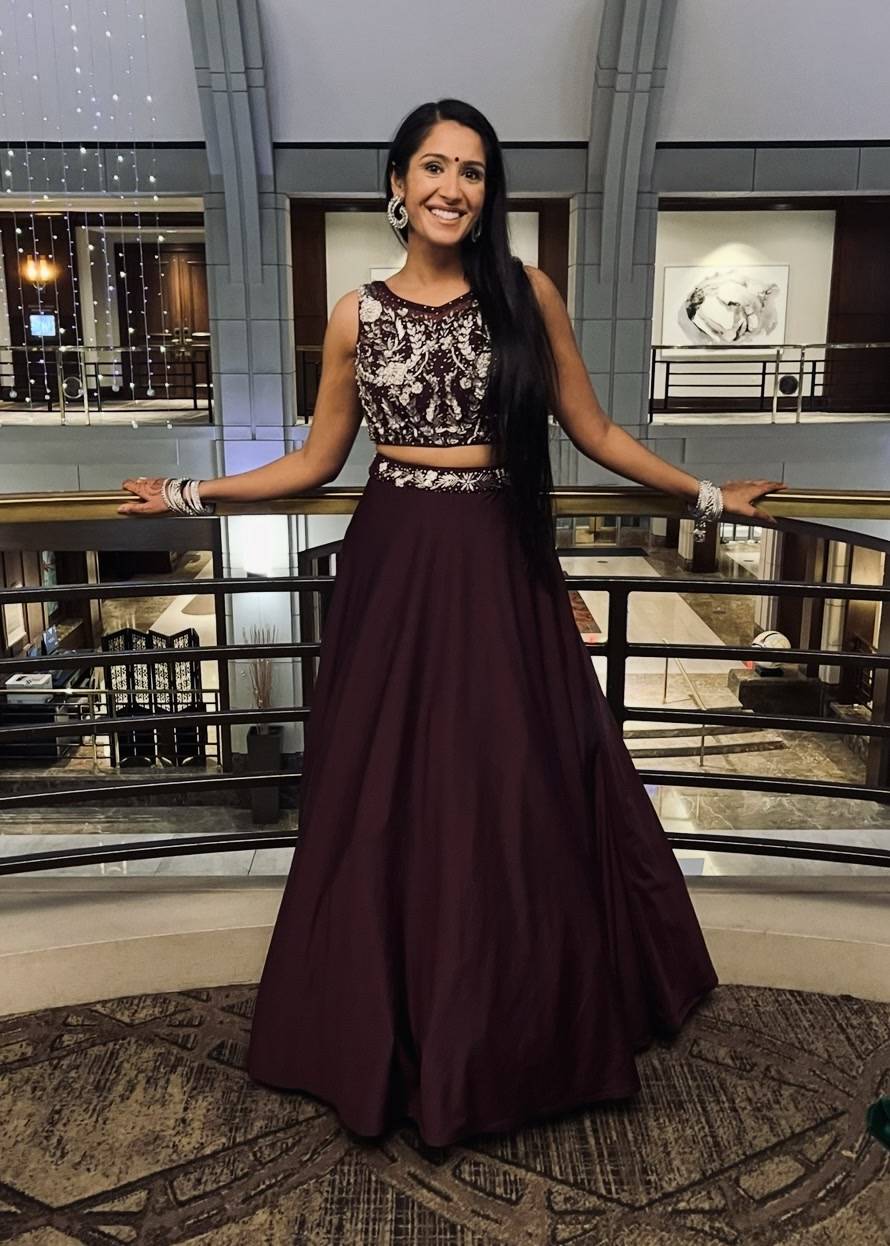 Wine Dupatta Bow Lehenga Image - 0