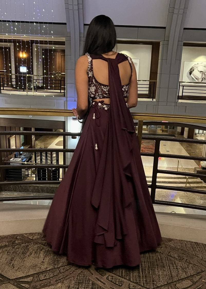 Wine Dupatta Bow Lehenga Image - 1