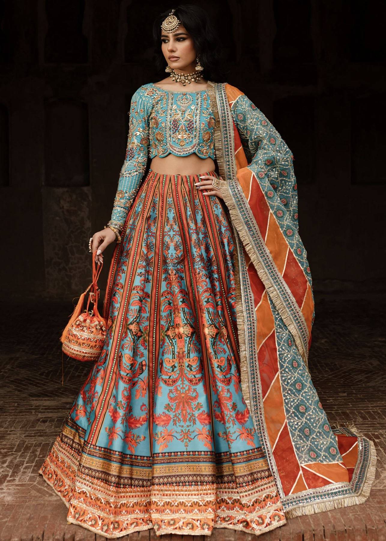 Turquoise and Rust Printed Lehenga Image - 0