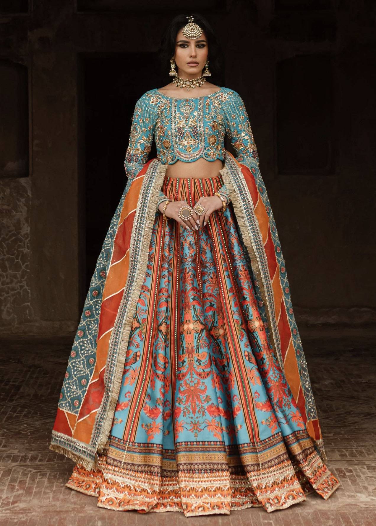 Turquoise and Rust Printed Lehenga Image - 1
