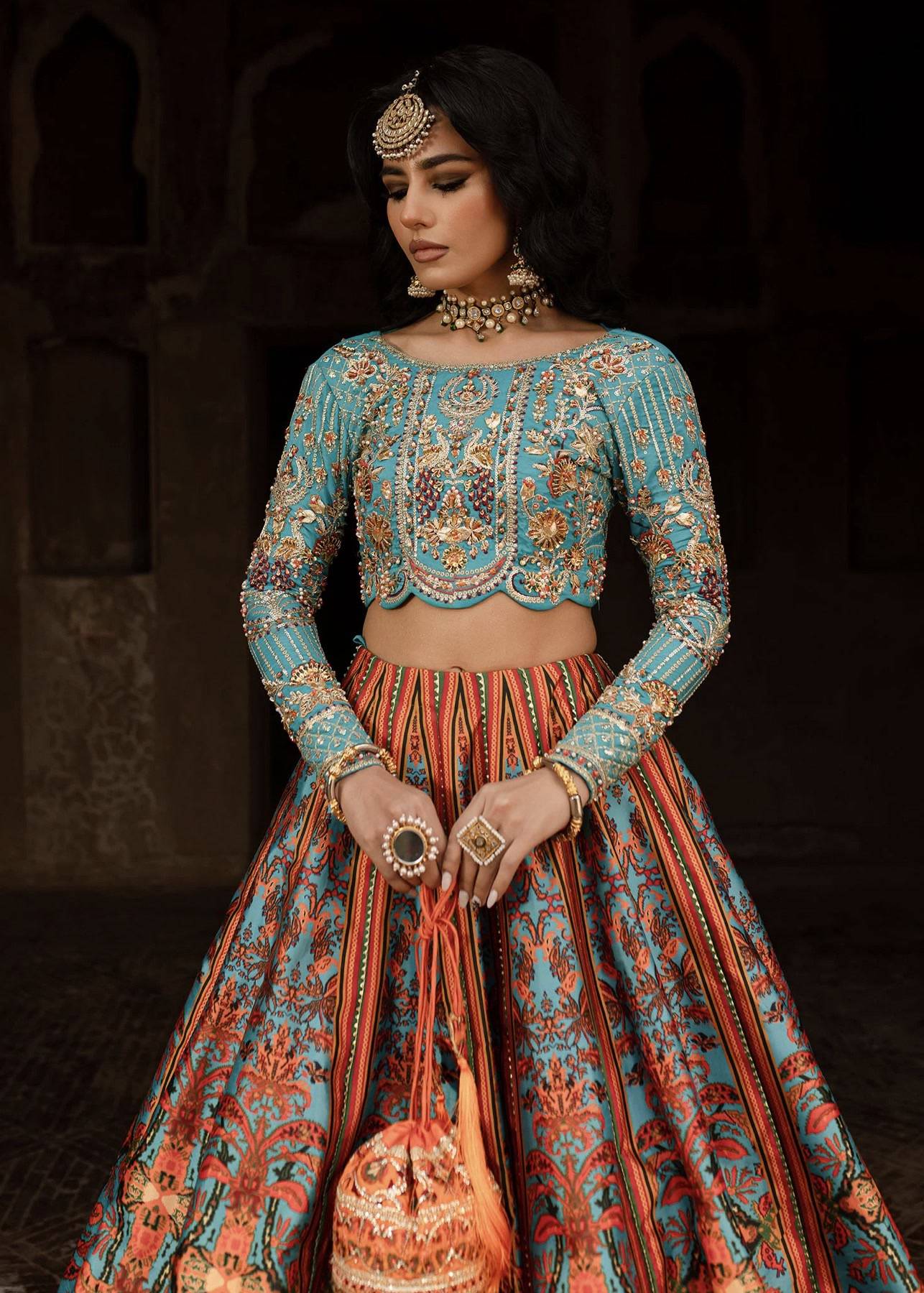 Turquoise and Rust Printed Lehenga Image - 3