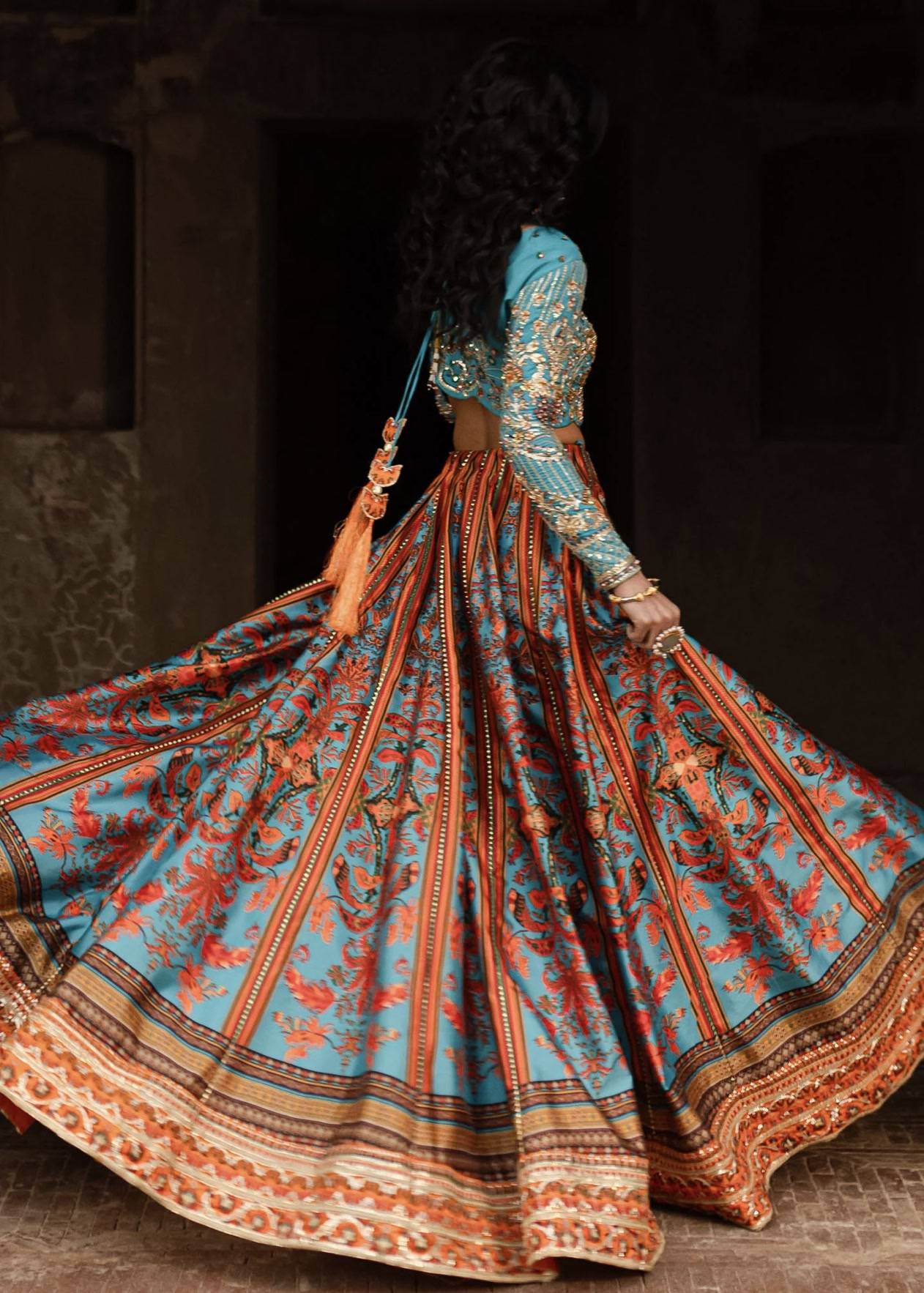 Turquoise and Rust Printed Lehenga Image - 2