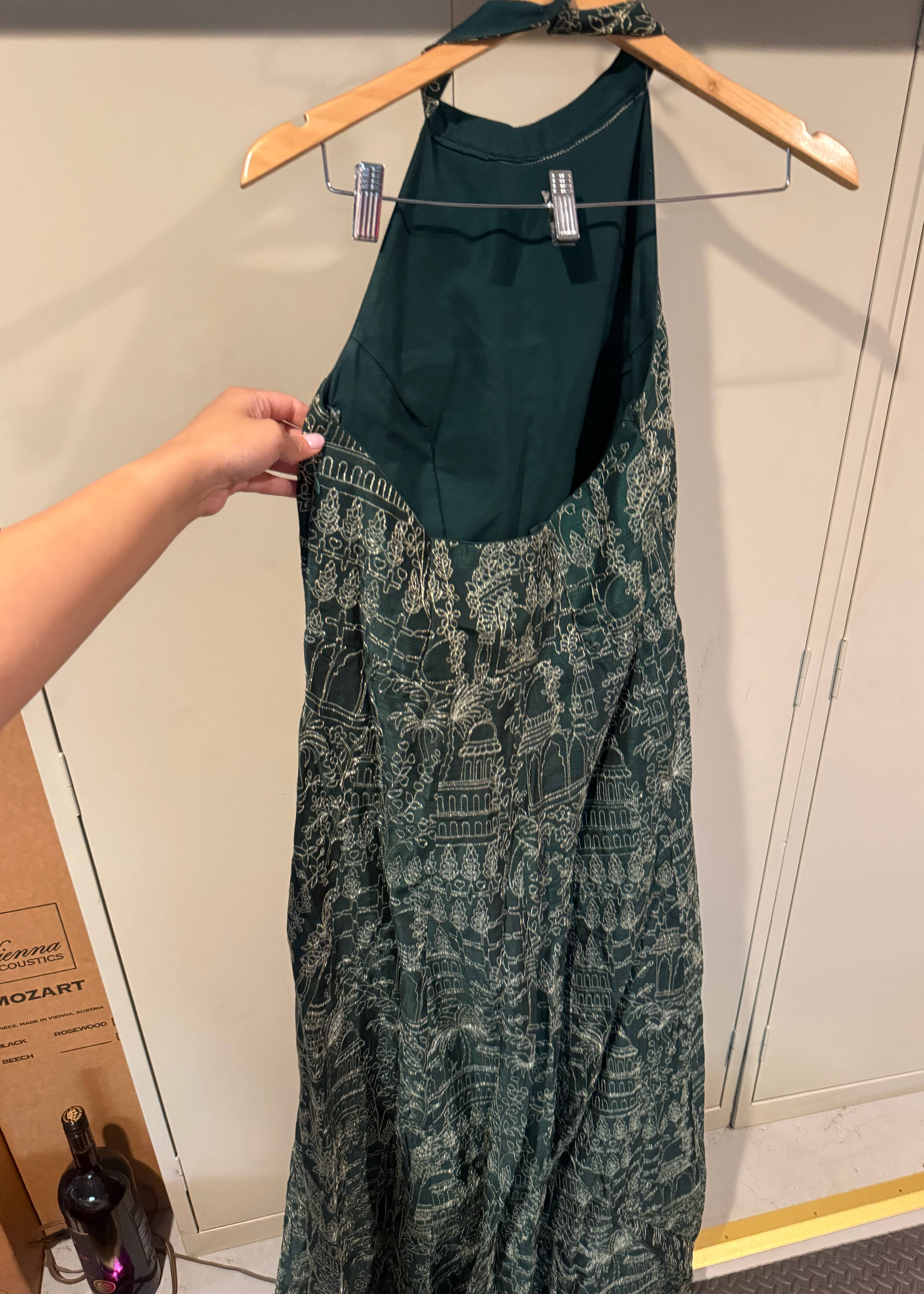 Forest Green Printed Halter Gown Image - 1