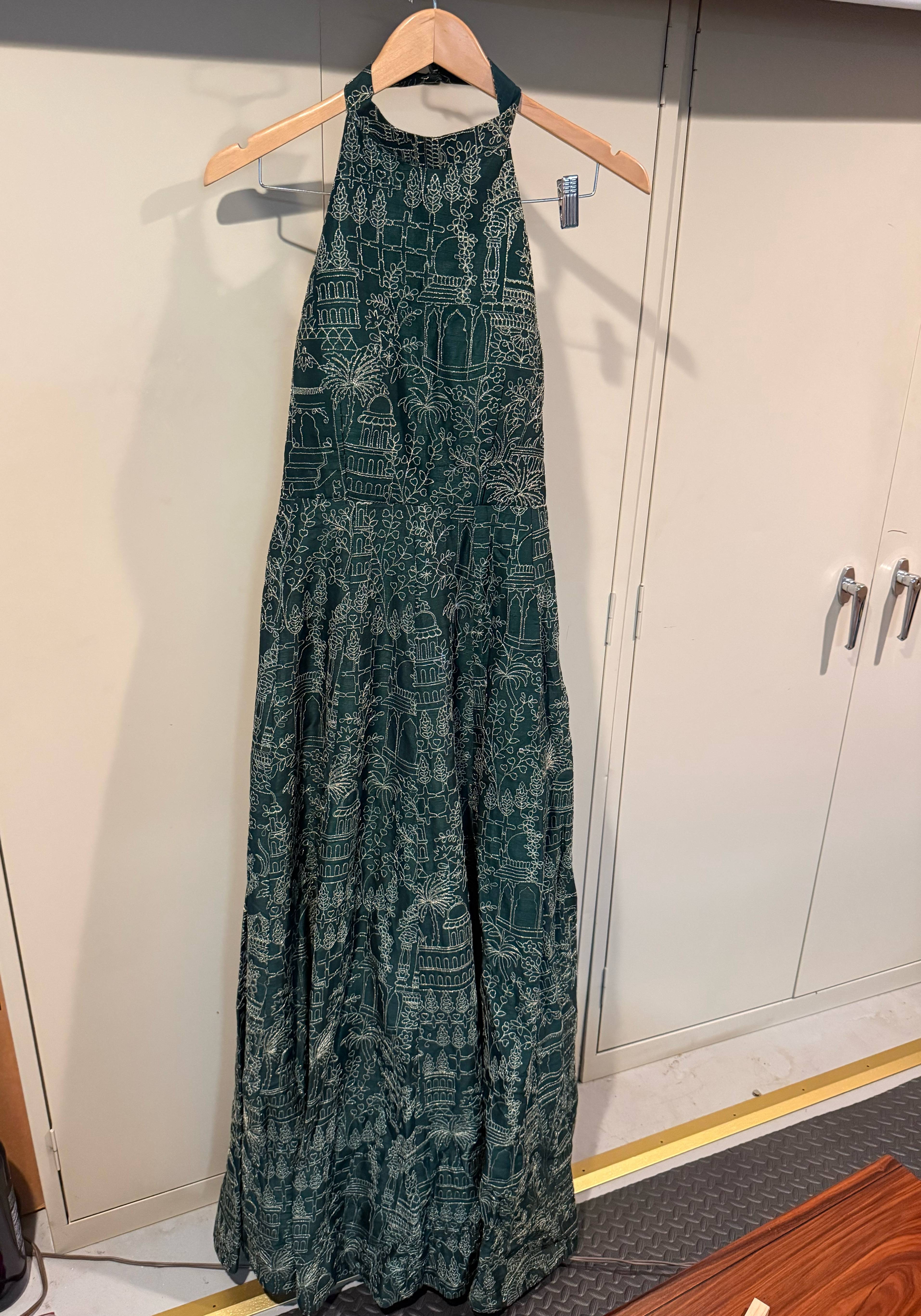 Forest Green Printed Halter Gown Image - 2