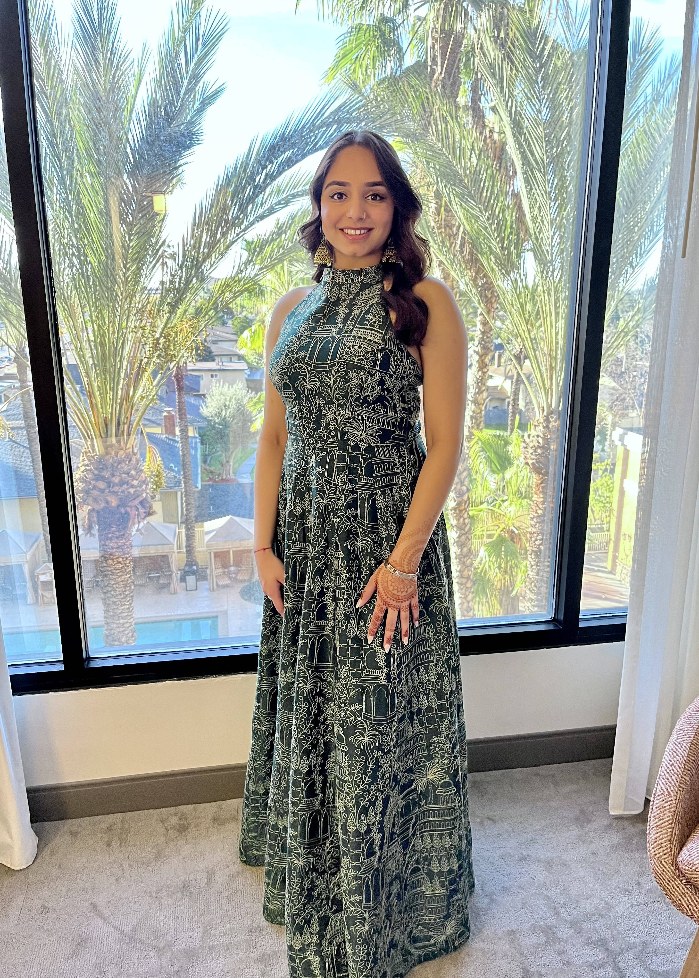 Forest Green Printed Halter Gown Image - 0