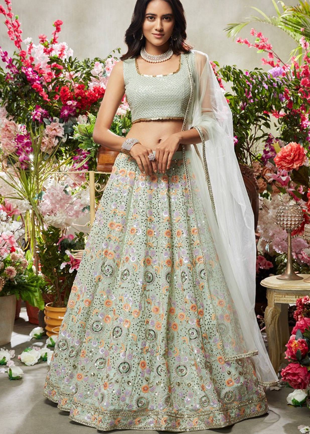 Mint Green Floral Lehenga Image - 2
